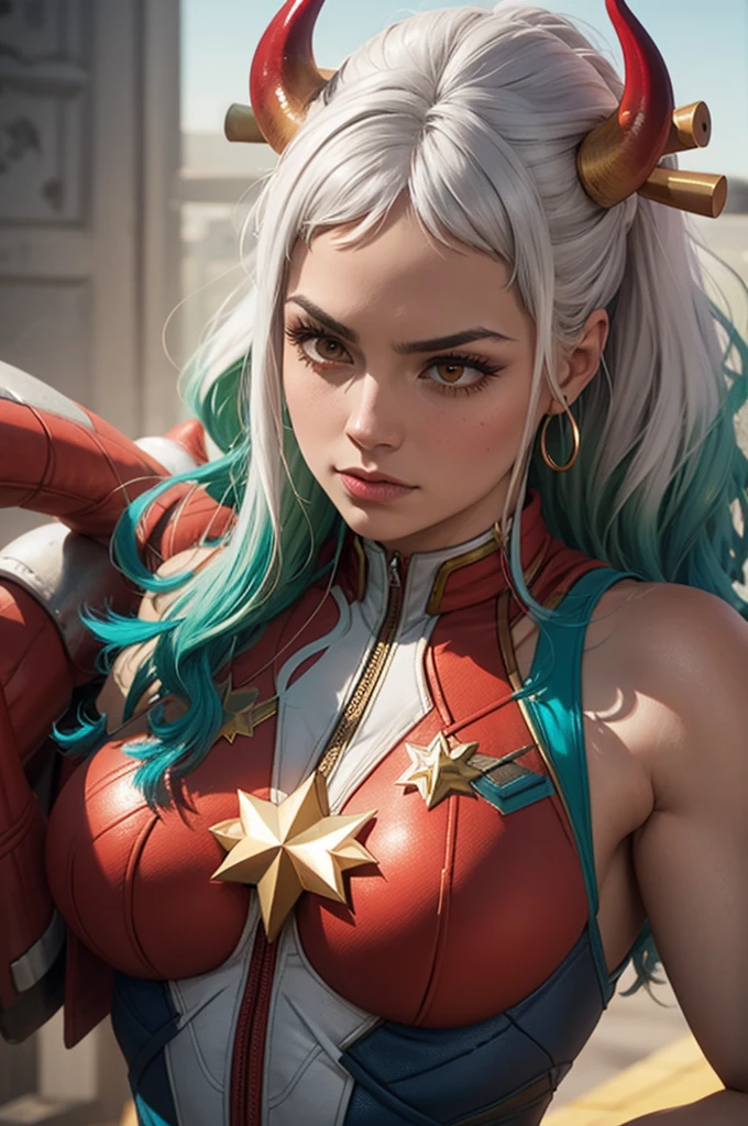 Foto de corpo inteiro, Yamato cosplay captain marvel, (best qualityer:1.3), sultry posing, captain marvel, (demon girl), very huge breasts, seductiv, sexly, white hair with light green tips, horn with red tips