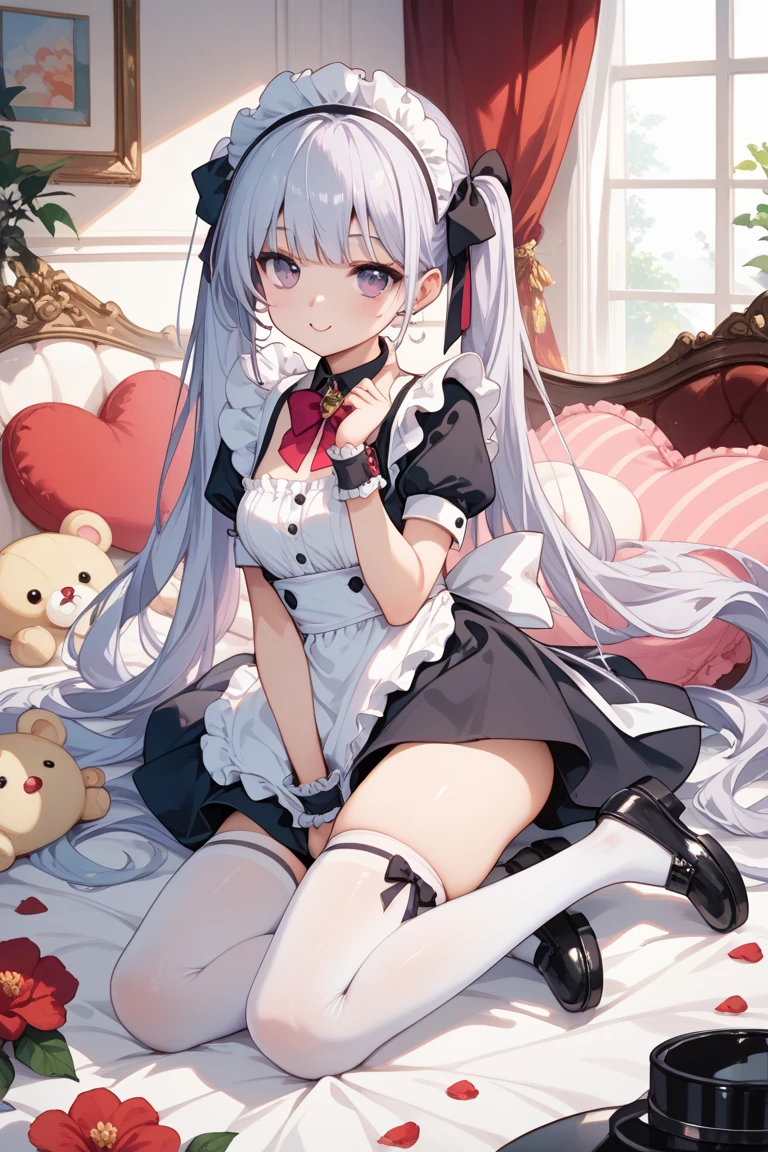 Seductive thighs, stockings, White silk, Cat ears, Cat lady, Loli, Maid outfit, White hair, Red eyes