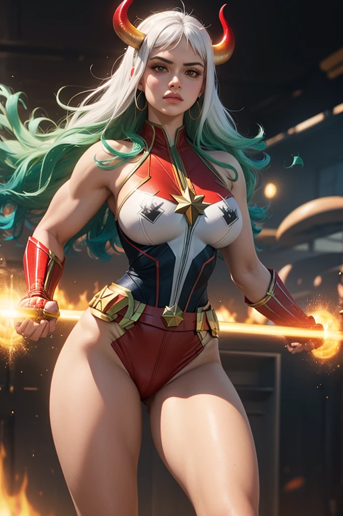 Foto de corpo inteiro, (best qualityer:1.3), sultry posing, captain marvel, (demon girl), very huge breasts, seductiv, sexly, white hair with light green tips, horn with red tips