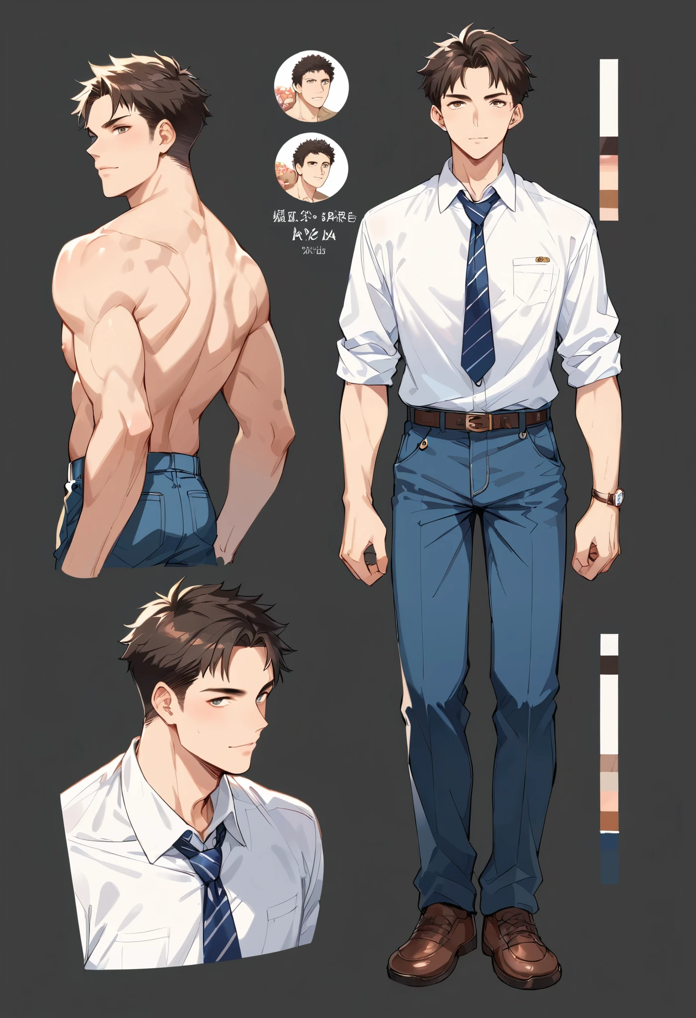 1boy, single, reference sheet, character design, front angle, side angle, rear angle, dynamic poses, huge men, tall man, muscle tall male, (masterpiece:1.2), (best quality:1.3), muscle body, athletic body. (Blue eyes), (short hair), (short bangs), (black hair), (pale skin), (reference sheet:1.5), naked, naked men, muscle, naked, nude, nsfw, Bara, 6ft. male, string underwear, tight, bulky body, muscle builder, handsome, pale skin color, beard, adult anime male, huge hips, wide hips, wide chest, daddy,