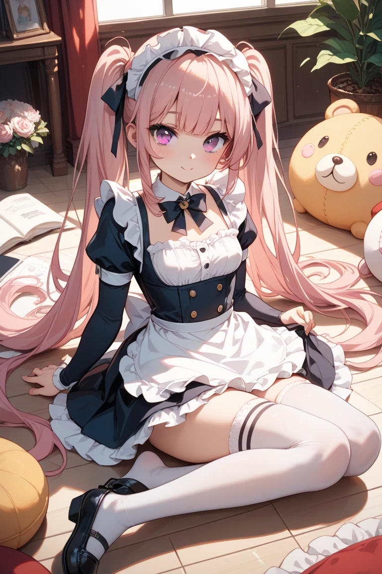 muste piece、masterpiece、highest quality、Super detailed、High resolution、8K portrait、High definition CG of Unity 8k wallpaper、cute type little:1.5、Lori:1.5、Highly detailed CG unity 8k wallpaper、Realistic、real person、 portrait photography、shiny skin、High definition、(:1.2)、(1 girl)、beautiful clear eyes、extremely detailed description、delicate face、nice lips、slender body、(thin waist)、thin legs、(Hallway of the mansion:1.6)、1 girl, cute type, perfect face, seriously, (blush:1.5),(Pink hair twin tails:1.3),(flat chest:1.3),((mini skirt maid clothes:1.3)),(half nude:1.2),(black dress),(I have nipples:1.2),(looking at viewer),(angle from the front),gran,((climax in vagina:1.5)),(hand on own chin1.2),(squat:1.2)