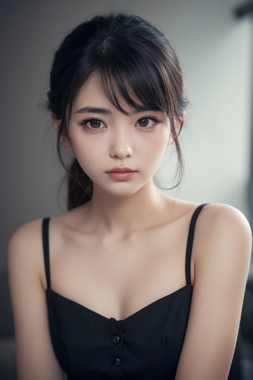 Best quality, masterpiece, ultra high res, (photorealistic:1.5), raw photo, 1girl, offshoulder, in the dark, deep shadow, low key, cold light, sexy look, short hair