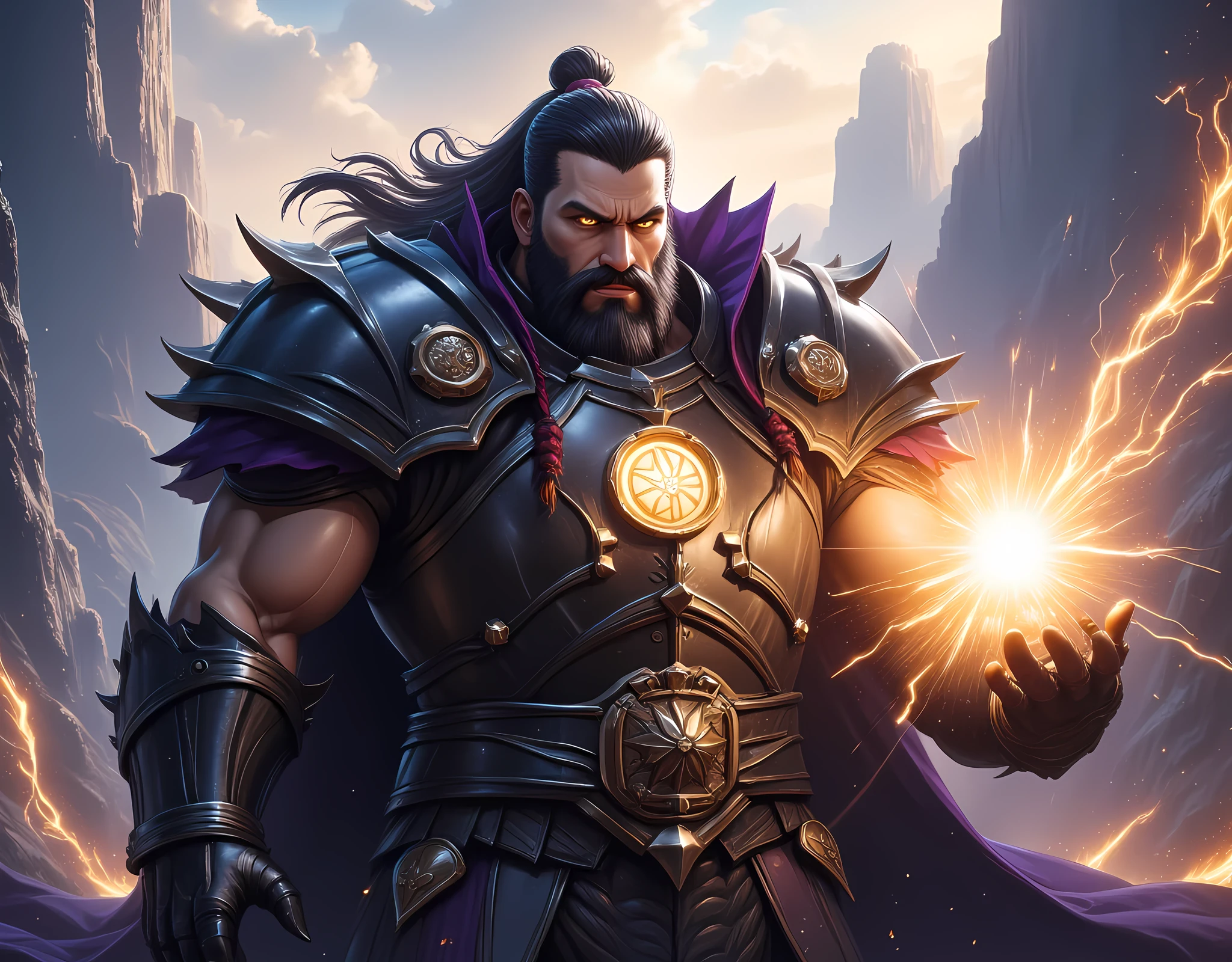 male, dwarf, (Masterpiece 1.5, intense details)cleric, paladin, (Masterpiece 1.5, intense details), casting a spell (Masterpiece 1.3, intense details),wearing heavy black armor with spikes (Masterpiece 1.2, intense details), purple cloak with sun symbol, flowing (Masterpiece 1.5, intense details) holy symbol, long hair , black hair, long braided beard, (there is a red strands in the beard), frown, serious, high detail, Realism, Action painting, depth of field, god rays, wide shot, panorama, Ultra-Wide Angle, UHD, super detail, high quality, 16K, highres, ral-ertmsphr