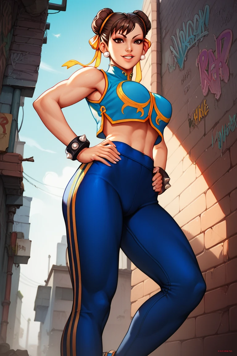 score_9, score_8_up, score_7_up, score_6_up, source_cartoon, BREAK masterpiece. CHUNLIAL, brown eyes, double bun, yellow ribbon, blue leggings, stomach, crop top, sleeveless, breasts, hands on hips, looking at viewer, smile, parted lips, low angle shot, smile, parted lips, alleyway, concrete wall, graffiti, from behind