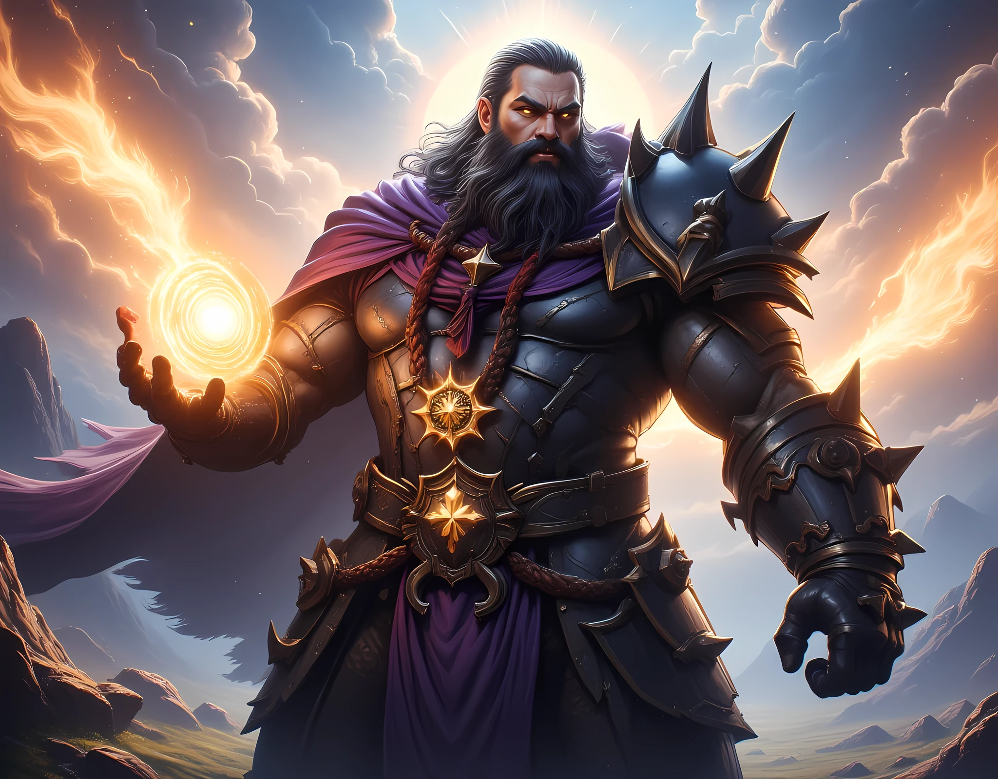 male, dwarf, (Masterpiece 1.5, intense details)cleric, paladin, (Masterpiece 1.5, intense details), casting a spell (Masterpiece 1.3, intense details),wearing heavy black armor with spikes (Masterpiece 1.2, intense details), purple cloak with sun symbol, flowing (Masterpiece 1.5, intense details) holy symbol, long hair , black hair, long braided beard, (there is a red strands in the beard), frown, serious, high detail, Realism, Action painting, depth of field, god rays, wide shot, panorama, Ultra-Wide Angle, UHD, super detail, high quality, 16K, highres, ral-ertmsphr
