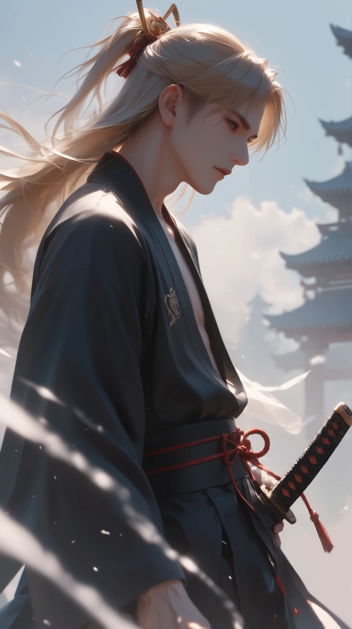portrait, 1boy, solo, long hair, Japanese clothing, black clothing, samurai, wearing hakama, (holding weapon, katana), plain tree, sheath, shadow,  simple background, ((white fog, windy)), (masterpiece:1.2), (best quality), super detailed, [cowboy shot], from side, DeepNegative_xl_v1, 8k , super details 