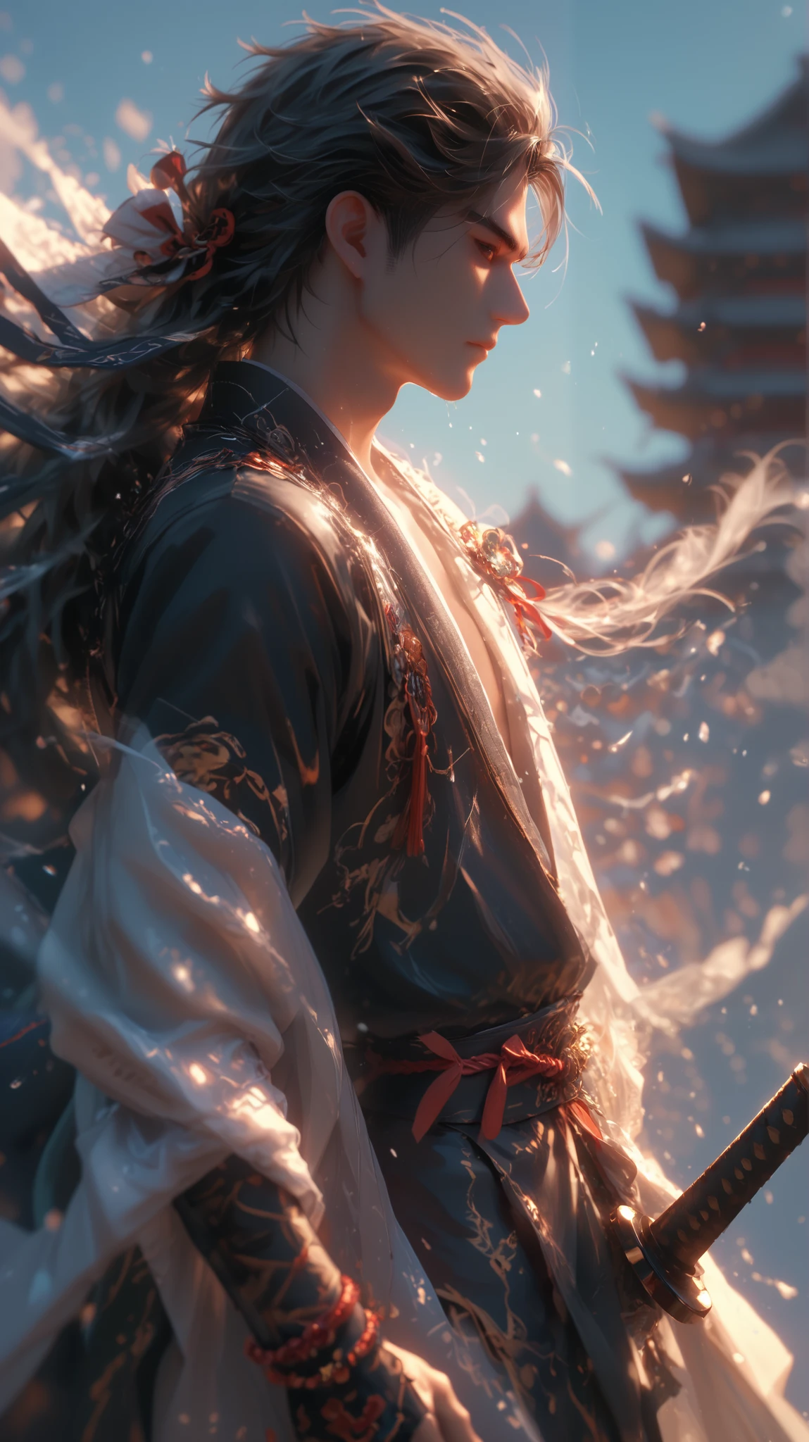 portrait, 1boy, solo, long hair, Japanese clothing, black clothing, samurai, wearing hakama, (holding weapon, katana), plain tree, sheath, shadow,  simple background, ((white fog, windy)), (masterpiece:1.2), (best quality), super detailed, [cowboy shot], from side, DeepNegative_xl_v1, 8k , super details 