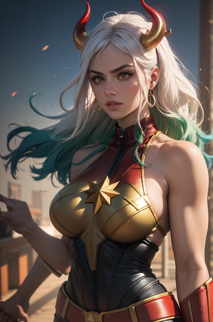 (best qualityer:1.3), sultry posing, captain marvel, (demon girl), very huge breasts, seductiv, sexly, white hair with light green tips, horn with red tips