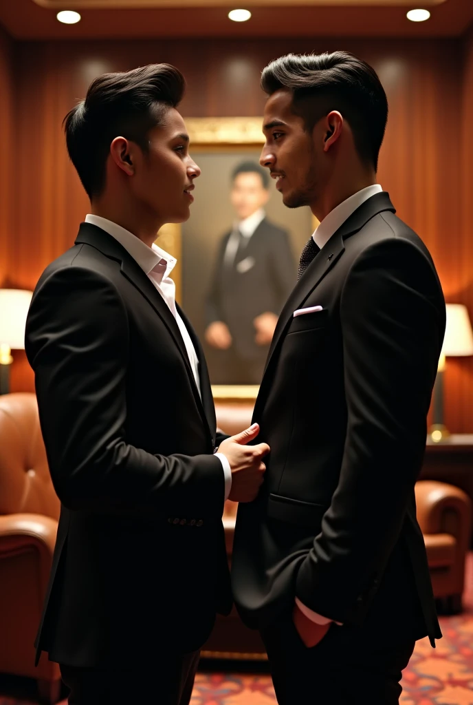 two men, two males, hyper realistic image of extremely handsome 30 year old filipino man, mature features, wearing a fancy suit, kissing a handsome 30 year old muscular filipino man wearing a fitted black suit, in an enclosed elevator, sex from behind, standing sex, perfect face, front view, full body, fill frame, zoomed out, highly detailed, intricate details, sharp focus