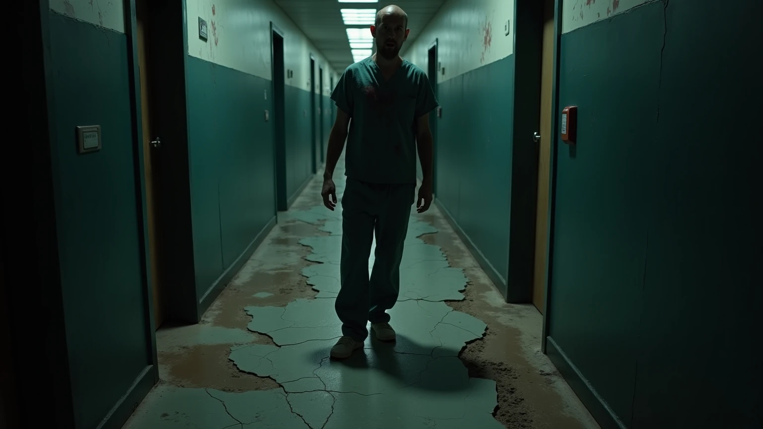 A morgue hallway with flickering lights. In the distance, the silhouette of a sinister of a man with his abdomen opened by the autopsy running towards the viewer, leaving a trail of blood, atmosphere of fear and horror.
