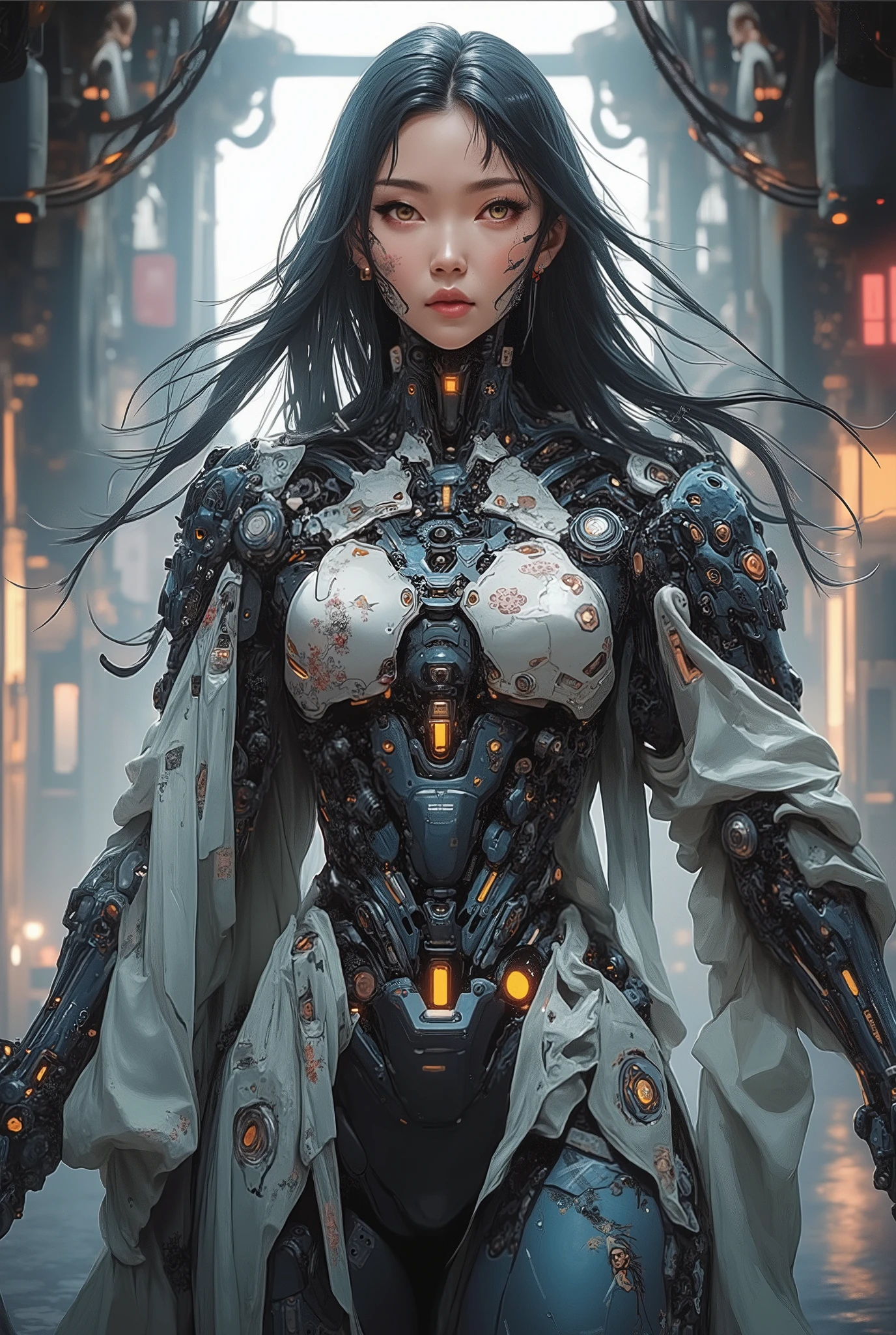 ((Airbrush art style painting)) of (perfect Asian cyberpunk girl))), (((wearing incredibly detailed ornate cyberpunk armour))), ((LED lights)), (shapeless long hair), perfect features, ((((full figure) dynamic pose))), (((starship interior))), (((Jim Burns art style))), abstract beauty, near perfection, pure form, concept art, intricate detail, 8k post-production, High resolution, super Detail, art station Trends, sharp focus, studio photos, intricate detail, Very detailed.