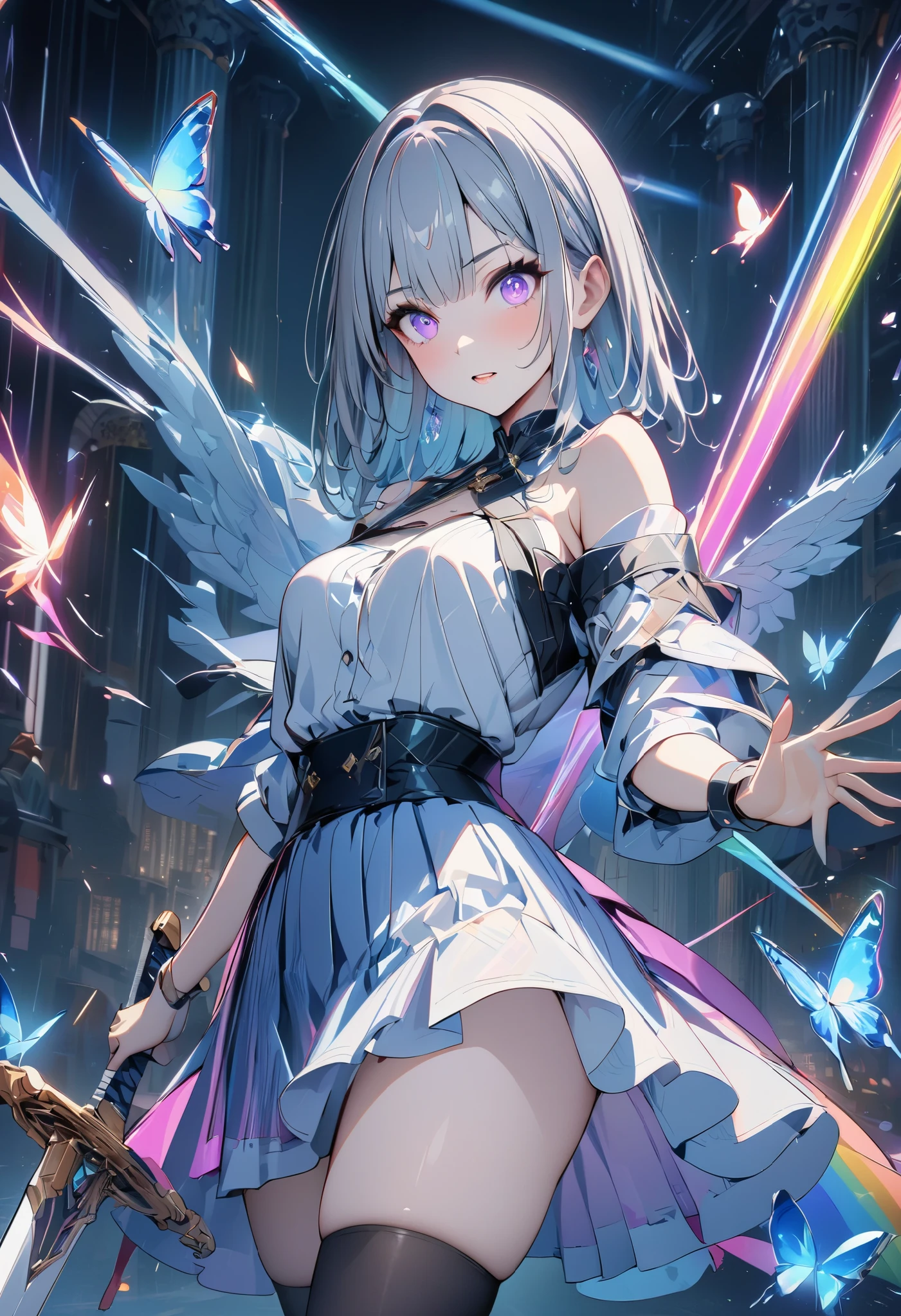 One girl、On the wings of light、Light wings glow on a dark background、contrast of darkness and light、(((masterpiece))), (best quality), (ultra detail), (very_high_resolution), (large_filesize), (full color)、Line art、neon