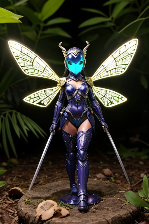 hyperdetailed photography, soft light,high resolution,cinematic,realistic,raw photo of queenbeemon with purple braided ponytail and a mask and antenna and green eyes and a cape in the woods surrounded by bees,upper body, <lora:QueenBeemonXL:1>