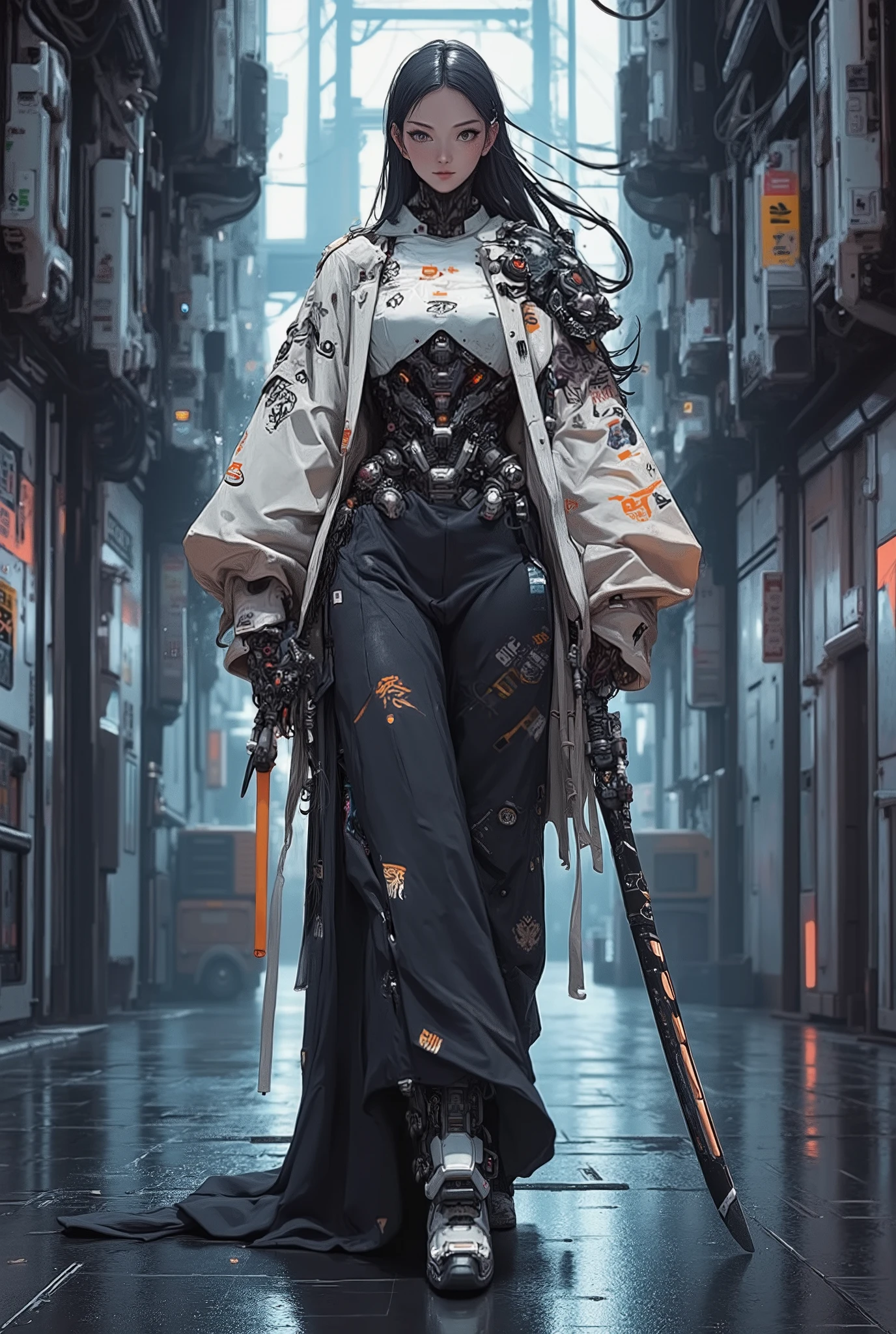 ((anime art style illustration) of (perfect Asian cyberpunk girl))), (((wearing incredibly detailed ornate cyberpunk samurai armour))), ((LED lights)), (shapeless long hair), perfect features, ((((full figure) dynamic pose))), (((starship interior))), (((Jim Burns art style))), abstract beauty, near perfection, pure form, concept art, intricate detail, 8k post-production, High resolution, super Detail, art station Trends, sharp focus, studio photos, intricate detail, Very detailed.