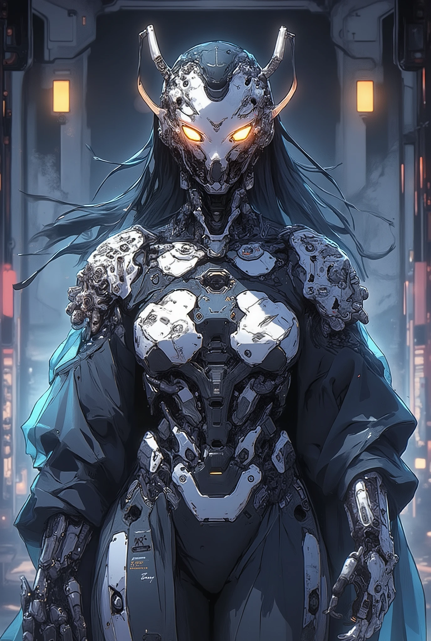 ((anime art style illustration) of (perfect Asian cyberpunk girl))), (((wearing incredibly detailed ornate cyberpunk samurai armour))), ((LED lights)), (shapeless long hair), perfect features, ((((full figure) dynamic pose))), (((starship interior))), (((Jim Burns art style))), abstract beauty, near perfection, pure form, concept art, intricate detail, 8k post-production, High resolution, super Detail, art station Trends, sharp focus, studio photos, intricate detail, Very detailed.