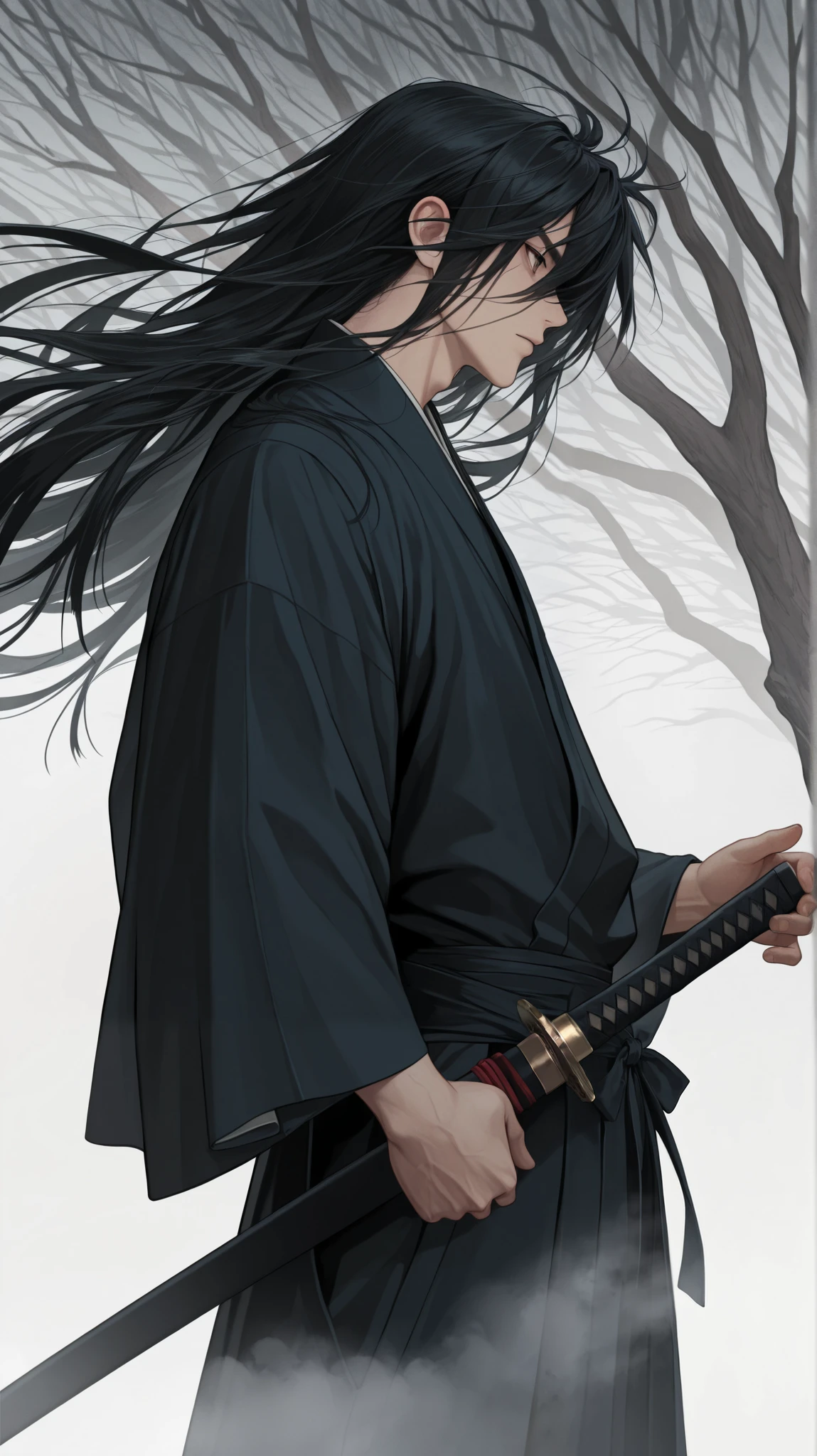 In digital art style , charming illustration portrait, 1boy, solo, long hair, Japanese clothing, black clothing, samurai, wearing hakama, (holding weapon, katana), plain tree, sheath, shadow,  simple background, ((white fog, windy)), (masterpiece:1.2), (best quality), super detailed, [cowboy shot], from side, DeepNegative_xl_v1, 8k , super details 