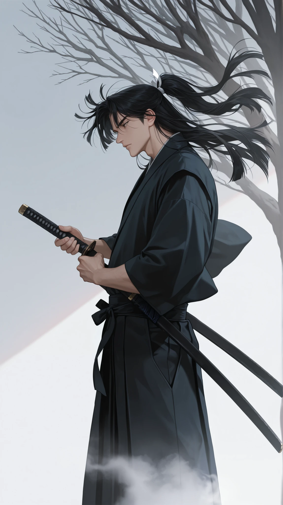 In digital art style , charming illustration portrait, 1boy, solo, long hair, Japanese clothing, black clothing, samurai, wearing hakama, (holding weapon, katana), plain tree, sheath, shadow,  simple background, ((white fog, windy)), (masterpiece:1.2), (best quality), super detailed, [cowboy shot], from side, DeepNegative_xl_v1, 8k , super details 
