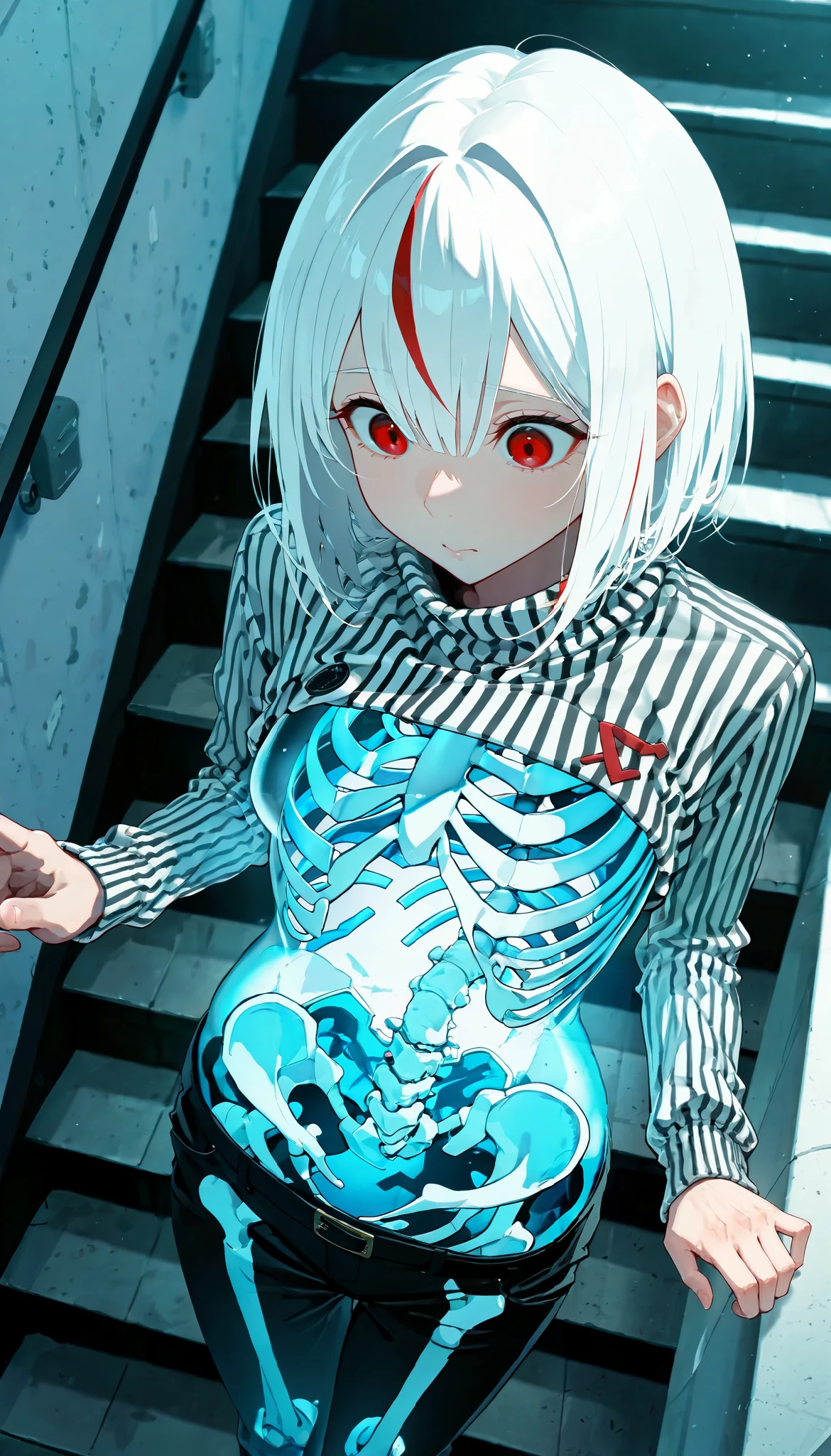 masterpiece , envelopes, very aesthetic , white hair with red highlights , red eyes looking at the spectator , bird's eye view, black and white striped sweater fitted to your body, manos en las stairs, sexy,broad breasts ,standing, very shy, stairs, transparent body ,Skeleton,ribs