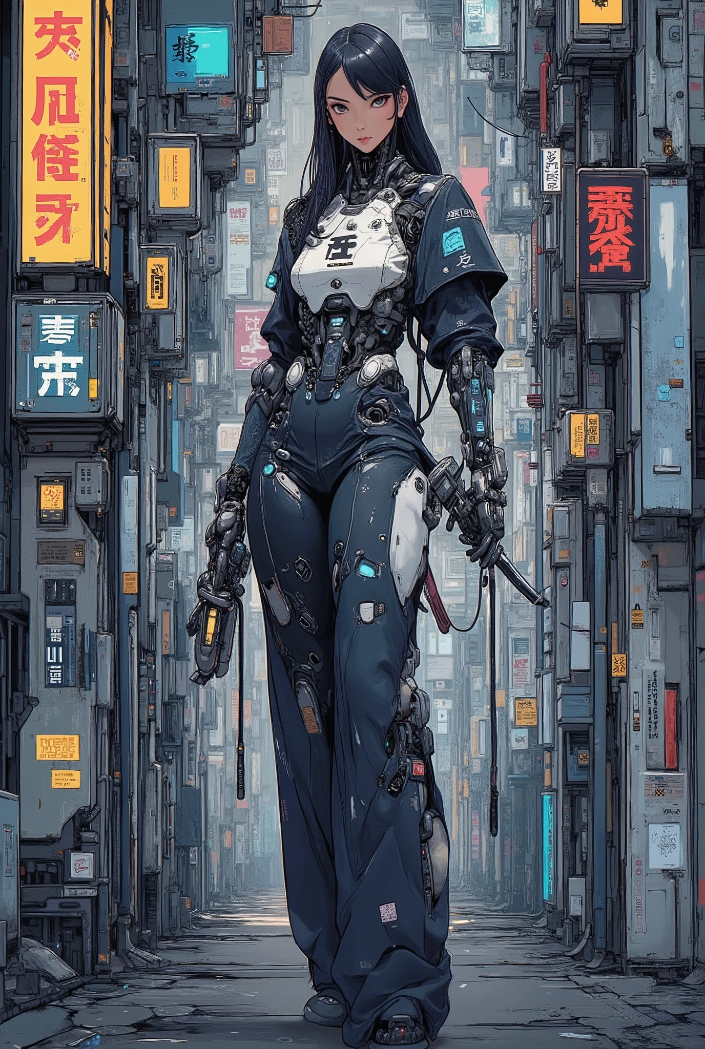 ((anime art style illustration) of (perfect Asian cyberpunk girl))), (((wearing incredibly detailed ornate cyberpunk samurai armour))), ((LED lights)), (shapeless long hair), perfect features, ((((full figure) dynamic pose))), (((starship interior))), (((Jim Burns art style))), abstract beauty, near perfection, pure form, concept art, intricate detail, 8k post-production, High resolution, super Detail, art station Trends, sharp focus, studio photos, intricate detail, Very detailed.