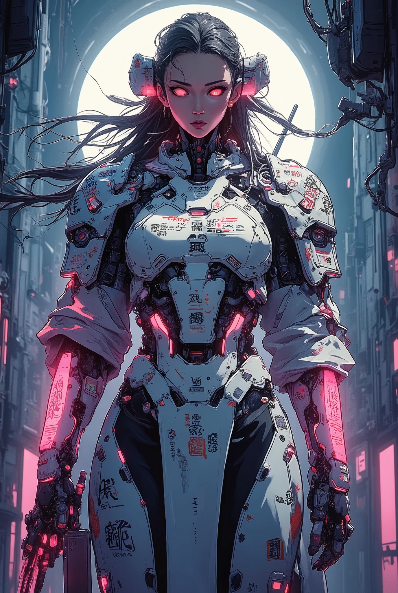 ((anime art style illustration) of (perfect Asian cyberpunk girl))), (((wearing incredibly detailed ornate cyberpunk samurai armour))), ((LED lights)), (shapeless long hair), perfect features, ((((full figure) dynamic pose))), (((starship interior))), (((Jim Burns art style))), abstract beauty, near perfection, pure form, concept art, intricate detail, 8k post-production, High resolution, super Detail, art station Trends, sharp focus, studio photos, intricate detail, Very detailed.