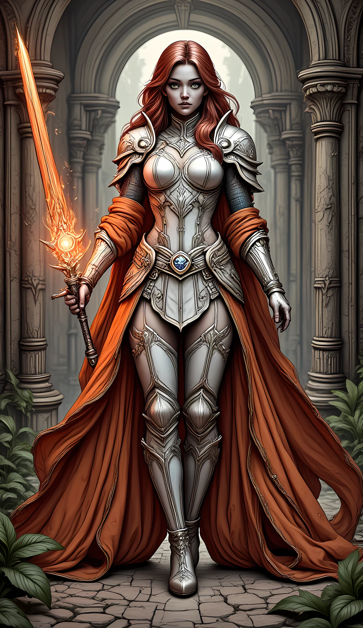 fantasy art, dnd art, RPG art, wide shot, (masterpiece: 1.4) a (portrait: 1.3) intense details, highly detailed, photorealistic, best quality, highres, portrait a female (fantasy art, Masterpiece, best quality: 1.3) ((blue skin: 1.5)), intense details facial details, exquisite beauty, (fantasy art, Masterpiece, best quality) cleric, ((cobalt blue skin: 1.5)) female, (red hair: 1.5)), long hair, (((no ears: 1.5))), (green eyes: 1.3), armed with a fiery sword red fire, wearing (twilight priestly combat vestments: 1.5), white armor, wearing high heeled laced boots, wearing an (orange cloak:1.3), wearing glowing sun holy symbol  fantasy temple background, reflection light, high details, best quality, 16k, [ultra detailed], masterpiece, best quality, (extremely detailed), close up, ultra wide shot, photorealistic, RAW, fantasy art, dnd art, fantasy art, realistic art,((best quality)), ((masterpiece)), (detailed), perfect face, Cinematic Hollywood Film style, hyp3rd3tail style