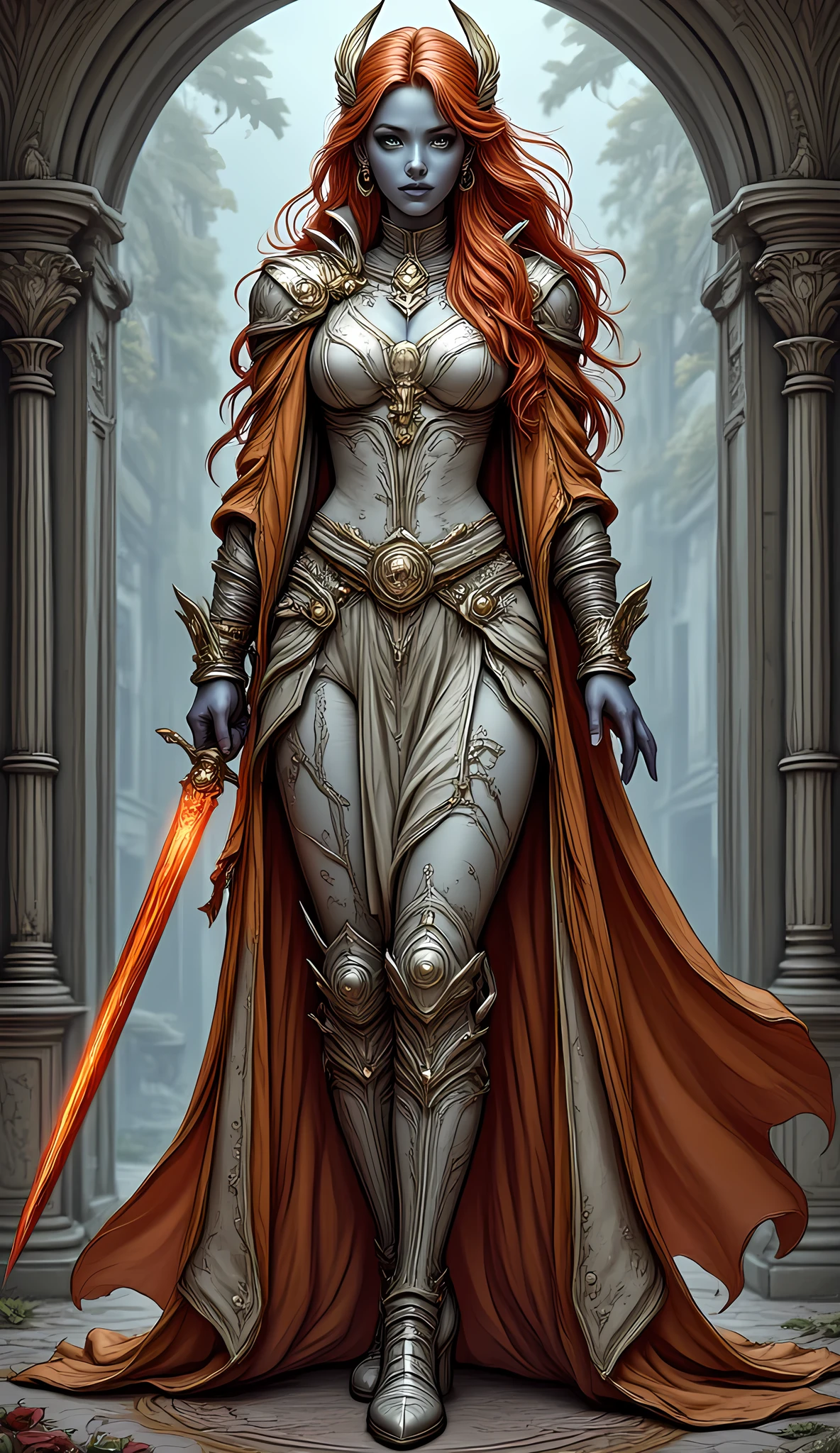 fantasy art, dnd art, RPG art, wide shot, (masterpiece: 1.4) a (portrait: 1.3) intense details, highly detailed, photorealistic, best quality, highres, portrait a female (fantasy art, Masterpiece, best quality: 1.3) ((blue skin: 1.5)), intense details facial details, exquisite beauty, (fantasy art, Masterpiece, best quality) cleric, ((cobalt blue skin: 1.5)) female, (red hair: 1.5)), long hair, (((no ears: 1.5))), (green eyes: 1.3), armed with a fiery sword red fire, wearing (twilight priestly combat vestments: 1.5), white armor, wearing high heeled laced boots, wearing an (orange cloak:1.3), wearing glowing sun holy symbol  fantasy temple background, reflection light, high details, best quality, 16k, [ultra detailed], masterpiece, best quality, (extremely detailed), close up, ultra wide shot, photorealistic, RAW, fantasy art, dnd art, fantasy art, realistic art,((best quality)), ((masterpiece)), (detailed), perfect face, Cinematic Hollywood Film style, hyp3rd3tail style