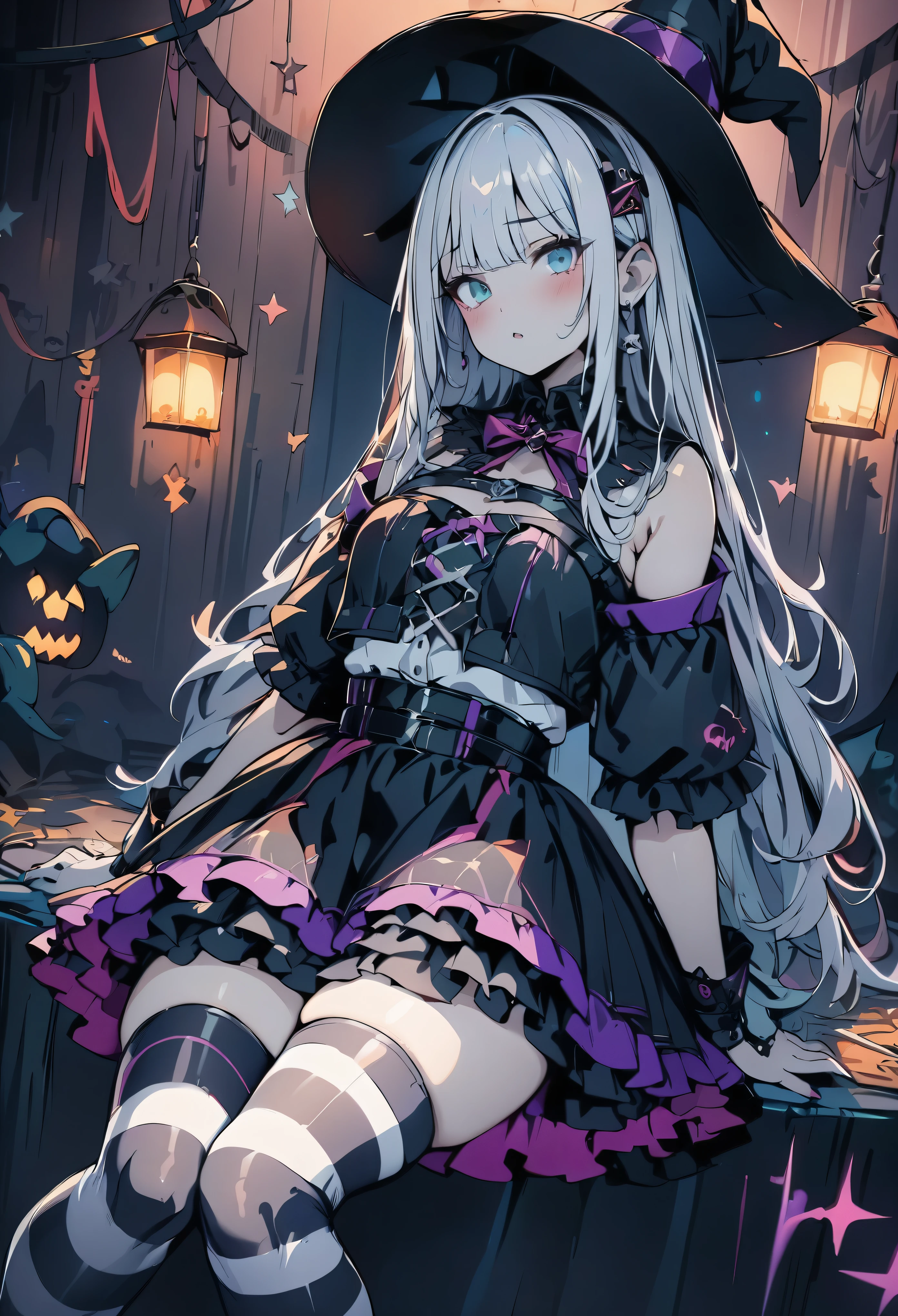 (masterpiece,  best quality:1.2),   1 girl, Alone,  the hair color is black and the inner color is pink、 Halloween 、Witch girl、 miniskirt in length、Gothic Punk、Big Magic、(The background is night)、(A magical night)、(black and white striped knee-highs)、(striped knee-highs )