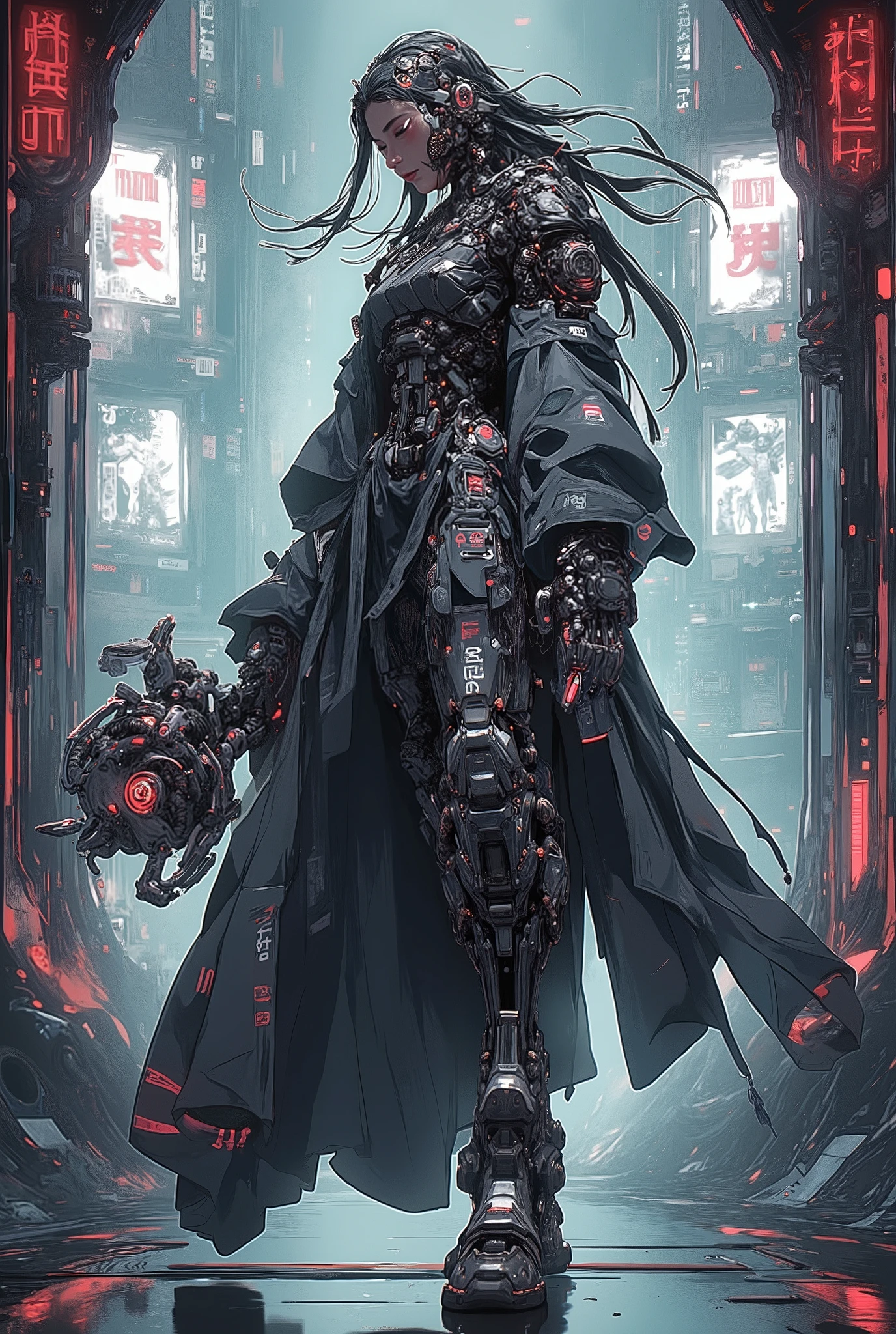 ((anime art style illustration) of (perfect Asian cyberpunk girl))), (((wearing incredibly detailed ornate cyberpunk samurai armour))), ((LED lights)), (shapeless long hair), perfect features, ((((full figure) dynamic pose))), (((starship interior))), (((Jim Burns art style))), abstract beauty, near perfection, pure form, concept art, intricate detail, 8k post-production, High resolution, super Detail, art station Trends, sharp focus, studio photos, intricate detail, Very detailed.