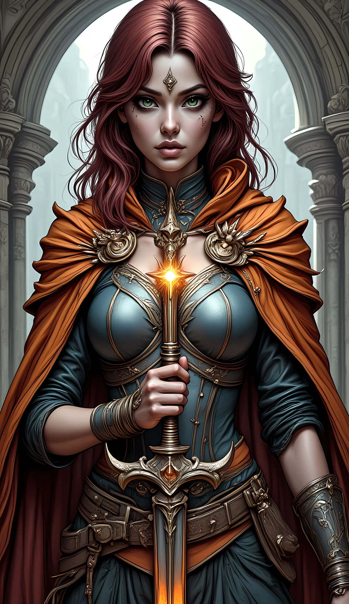 fantasy art, dnd art, RPG art, wide shot, (masterpiece: 1.4) a (portrait: 1.3) intense details, highly detailed, photorealistic, best quality, highres, portrait a female (fantasy art, Masterpiece, best quality: 1.3) ((blue skin: 1.5)), intense details facial details, exquisite beauty, (fantasy art, Masterpiece, best quality) cleric, ((cobalt blue skin: 1.5)) female, (burgundy hair: 1.5)), long hair, (((no ears: 1.5))), (green eyes: 1.3), armed with a fiery sword red fire, wearing (twilight priestly combat vestments: 1.5), wearing white armor,  wearing high heeled laced boots, wearing an (orange cloak:1.3), wearing glowing sun holy symbol  fantasy temple background, reflection light, high details, best quality, 16k, [ultra detailed], masterpiece, best quality, (extremely detailed), close up, ultra wide shot, photorealistic, RAW, fantasy art, dnd art, fantasy art, realistic art,((best quality)), ((masterpiece)), (detailed), perfect face, Cinematic Hollywood Film style, hyp3rd3tail style