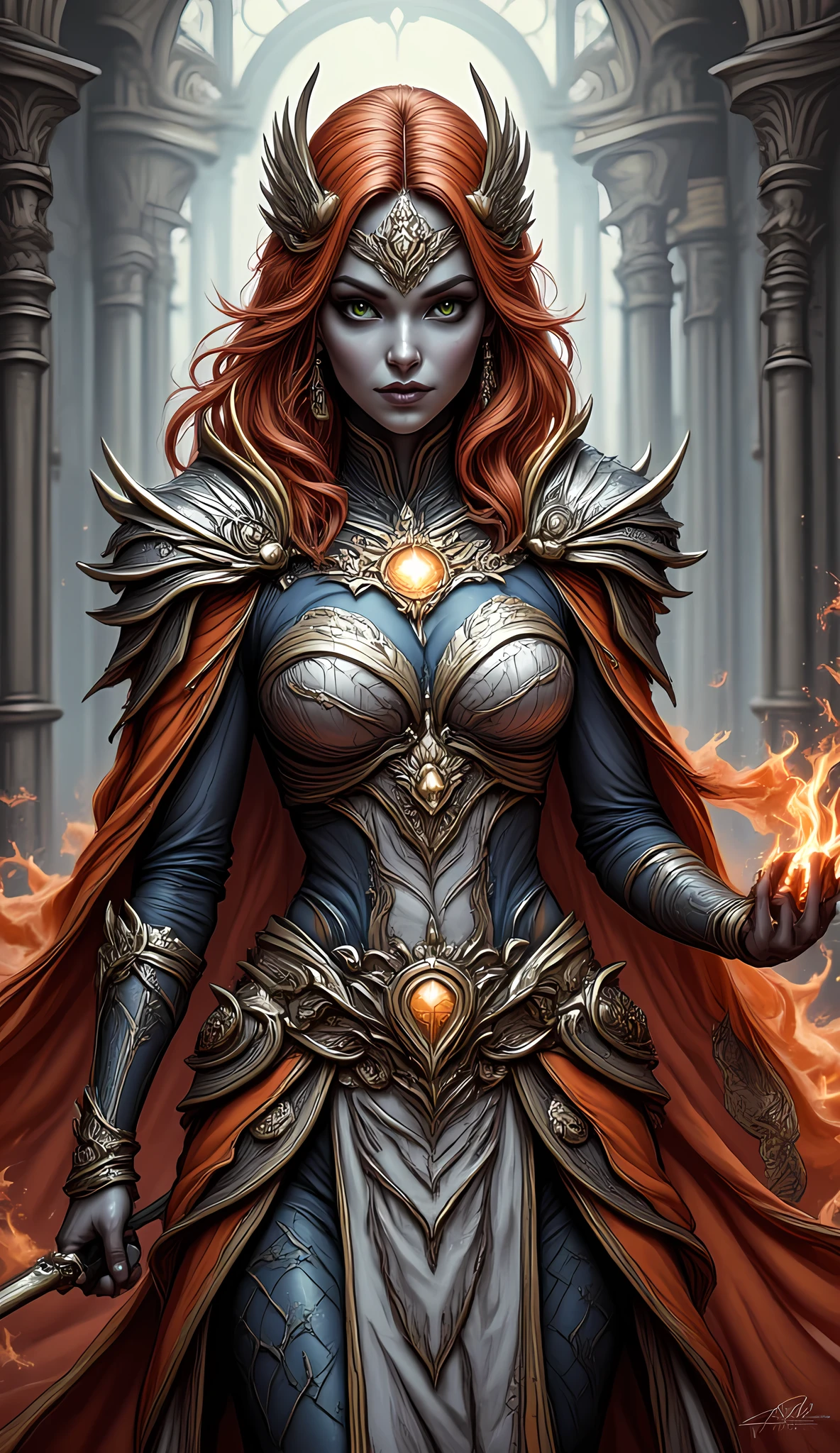 fantasy art, dnd art, RPG art, wide shot, (masterpiece: 1.4) a (portrait: 1.3) intense details, highly detailed, photorealistic, best quality, highres, portrait a female (fantasy art, Masterpiece, best quality: 1.3) ((blue skin: 1.5)), intense details facial details, exquisite beauty, (fantasy art, Masterpiece, best quality) cleric, ((cobalt blue skin: 1.5)) female, (scarlet hair: 1.5)), long hair, (((no ears: 1.5))), (green eyes: 1.3), armed with a fiery sword red fire, wearing (twilight priestly combat vestments: 1.5), wearing white armor,  wearing high heeled laced boots, wearing an (orange cloak:1.3), wearing glowing sun holy symbol  fantasy temple background, reflection light, high details, best quality, 16k, [ultra detailed], masterpiece, best quality, (extremely detailed), close up, ultra wide shot, photorealistic, RAW, fantasy art, dnd art, fantasy art, realistic art,((best quality)), ((masterpiece)), (detailed), perfect face, Cinematic Hollywood Film style, hyp3rd3tail style