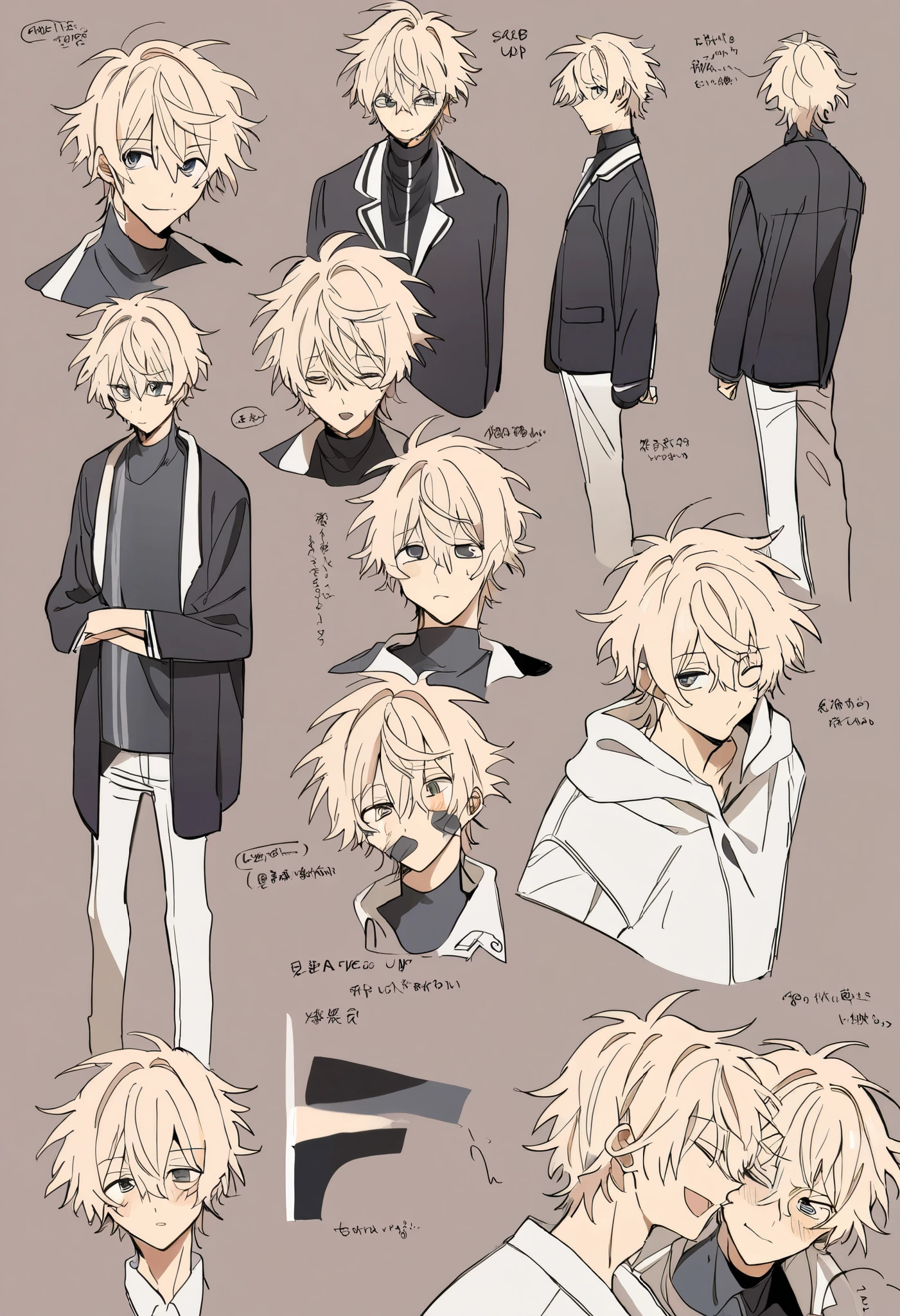 score_9, score_8_up, score_7_up, score_6_up, score_5_up, score_4_up, absurdres, perfect anatomy, standing 1boy, three view drawing, front and side and back, character sheet, A college student, character design, anime character, Various facial expressions, Detailed description of character, text, Collection of setting materials,