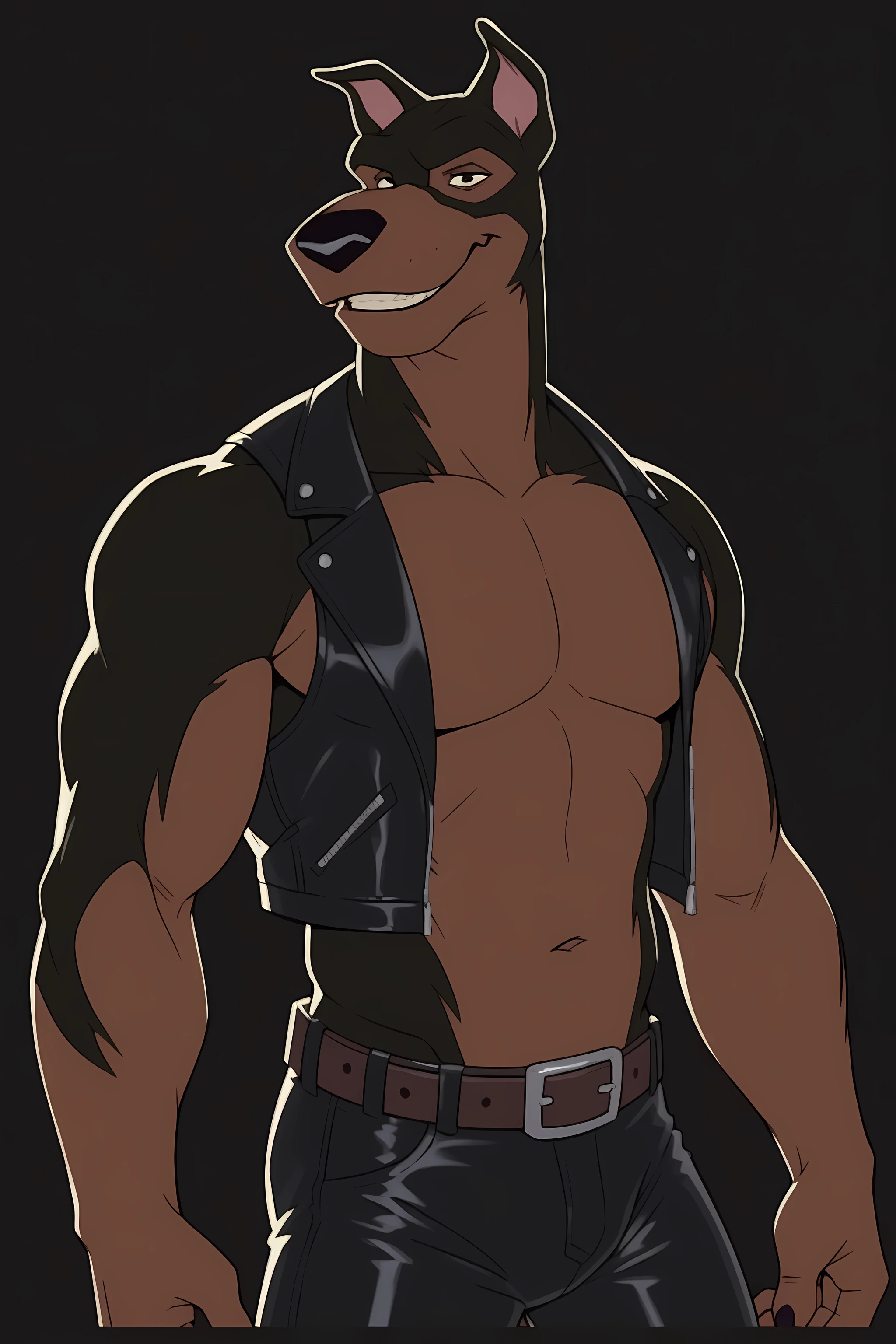 BusterLT, furry, anthro, anthro body, canine, doberman, black eyes, black nose, black body, black fur, brown body, brown fur, two tone body, two tone fur, pink inner ear, solo, athletic build, muscular, muscles, (flat colors, no shading), simple background, black background, detailed, posing, looking at viewer, smile, strong posture, shirtless, belt, leather pants, muscular neck, half body, half view, strong pose, leather vest