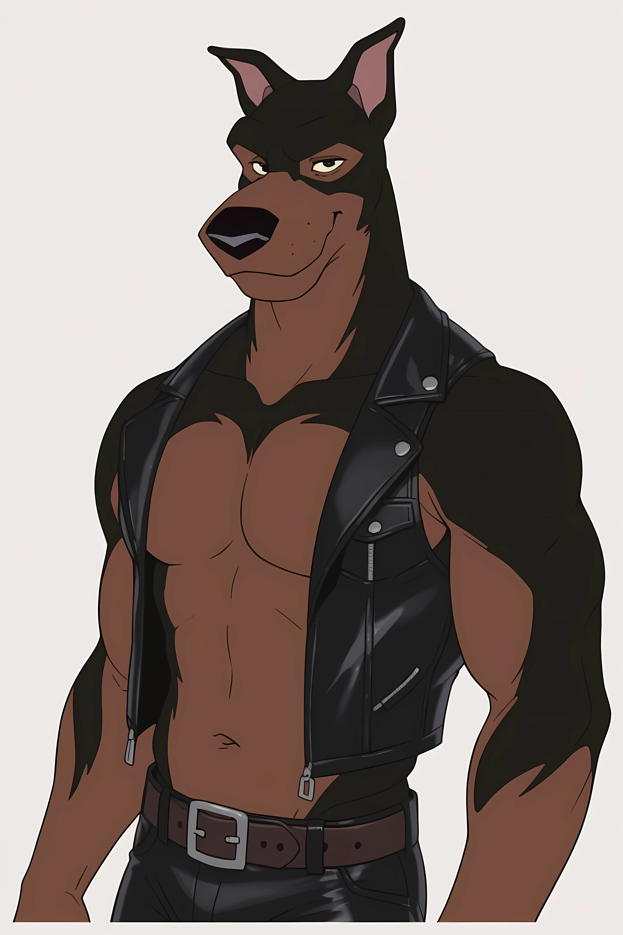 BusterLT, furry, anthro, anthro body, canine, doberman, black eyes, black nose, black body, black fur, brown body, brown fur, two tone body, two tone fur, pink inner ear, solo, athletic build, muscular, muscles, (flat colors, no shading), simple background, detailed, posing, looking at viewer, smile, strong posture, shirtless, belt, leather pants, muscular neck, half body, half view, strong pose, leather vest, closed mouth