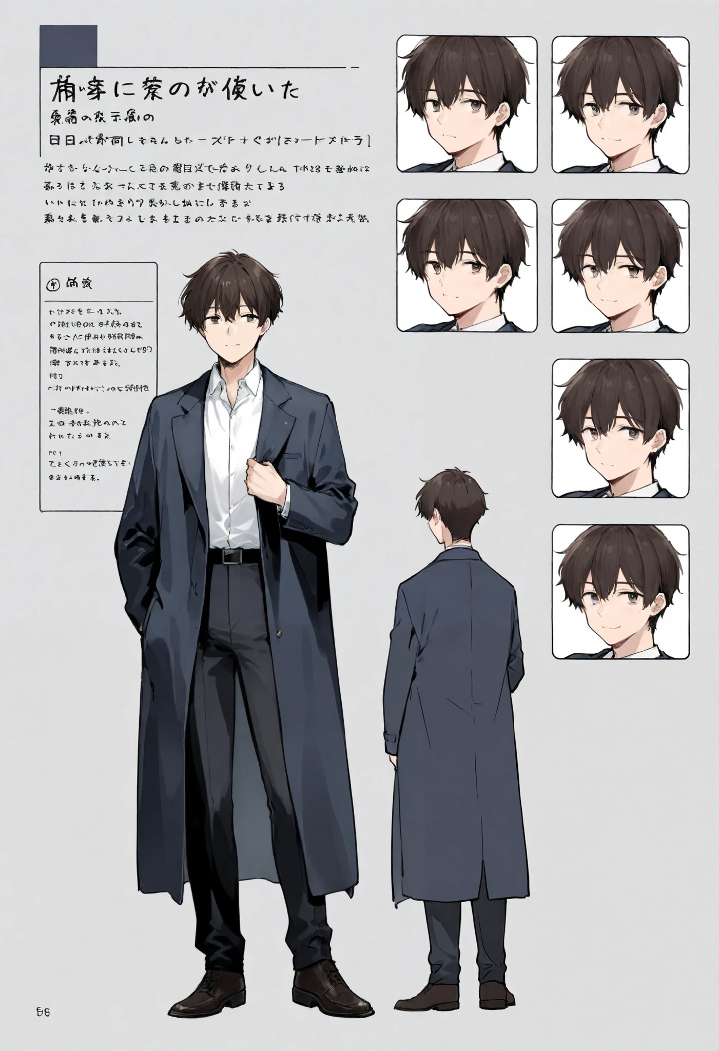 score_9, score_8_up, score_7_up, score_6_up, score_5_up, score_4_up, absurdres, perfect anatomy, standing 1boy, three view drawing, front and side and back, character sheet, A college student, character design, anime character, Various facial expressions, Detailed description of character, text, Collection of setting materials,