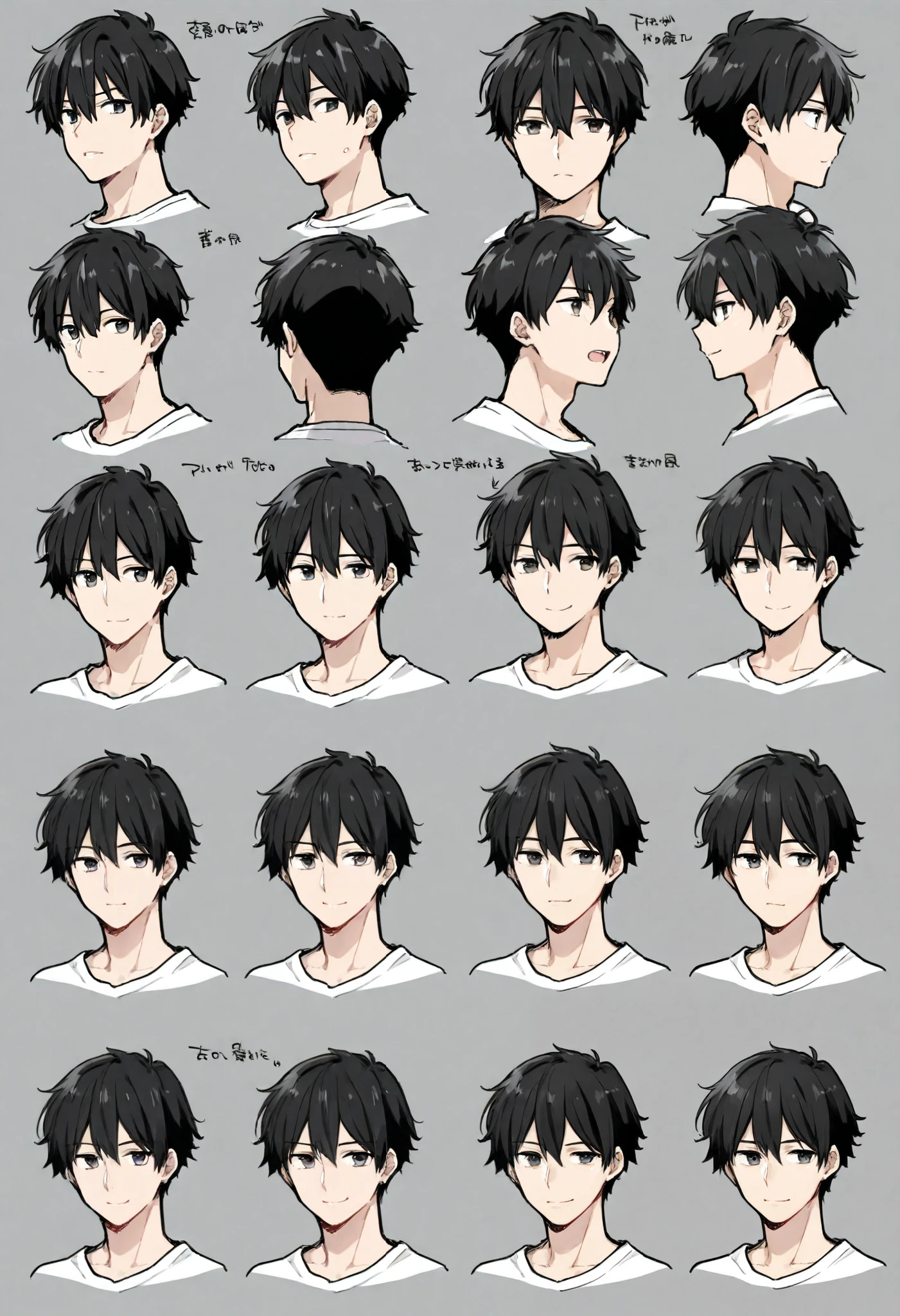score_9, score_8_up, score_7_up, score_6_up, score_5_up, score_4_up, absurdres, perfect anatomy, standing 1boy, three view drawing, front and side and back, character sheet, A college student, character design, anime character, Various facial expressions, Detailed description of character, text, Collection of setting materials,