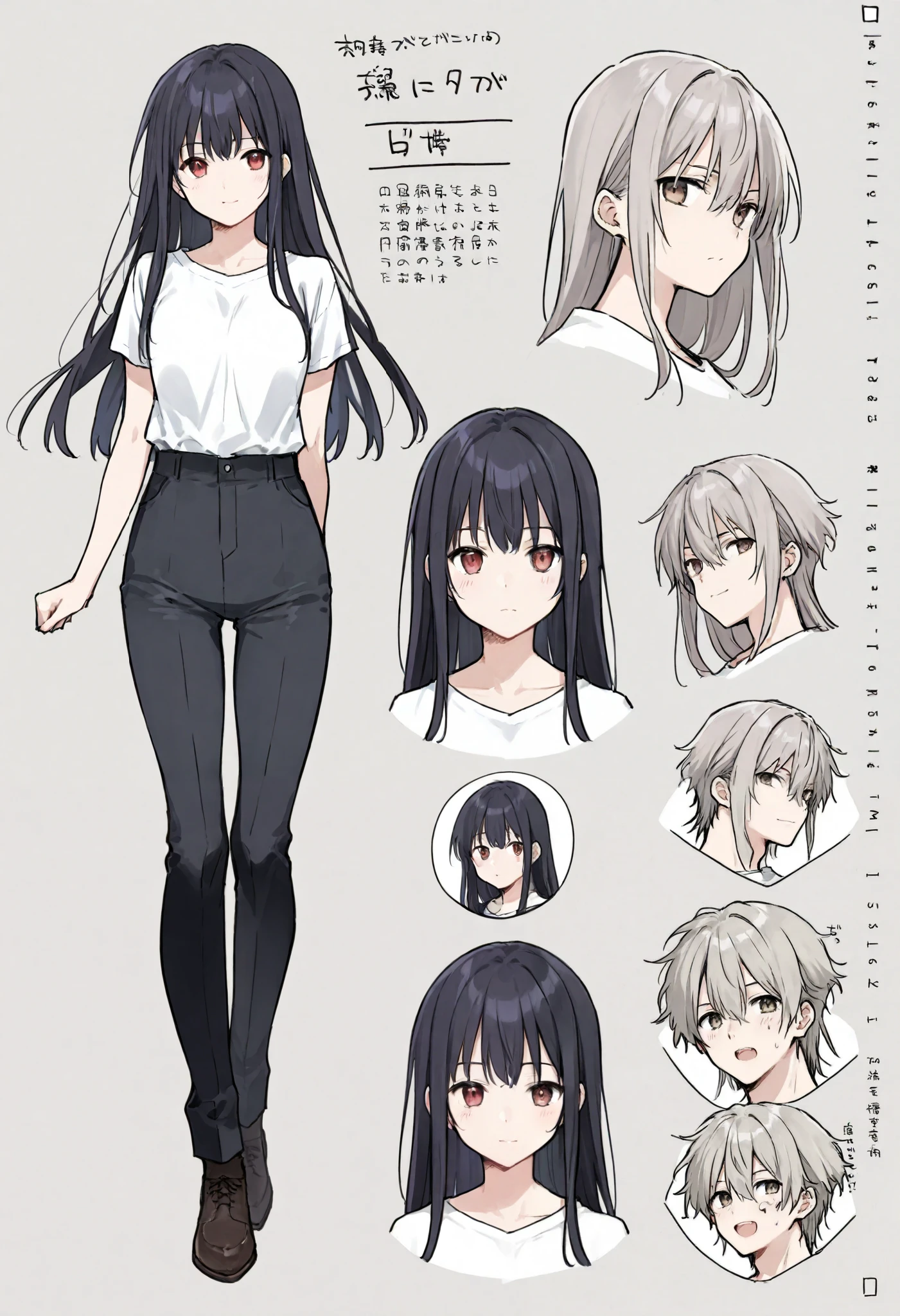 score_9, score_8_up, score_7_up, score_6_up, score_5_up, score_4_up, absurdres, perfect anatomy, standing 1boy, three view drawing, front and side and back, character sheet, A college student, character design, anime character, Various facial expressions, Detailed description of character, text, Collection of setting materials,