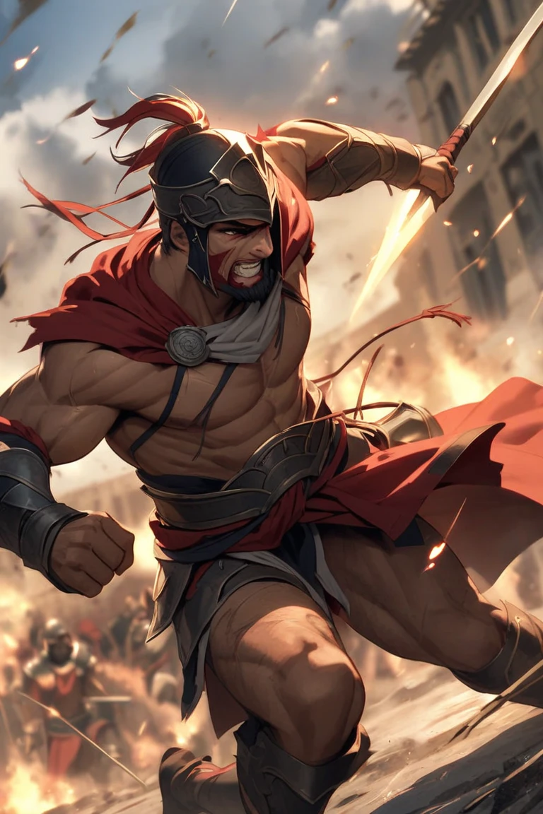 (from above:1.4), horreur, (corps entier:1.4) photo, The demon was an imposing figure, with massive muscles and huge hyper detailed hyper realistic horns sticking out of his head, dark skinned, Fourrures, (Android spare parts:1.4),
 (Position de combat, dynaimc pose:1.4), extremely huge wings that were widely spread, (raise your arms to the sky), armure, arme, Bouclier gigantesque, Cap rouge, and his eyes were fiery red, Burning in hell,Ville en ruine, explosion, r1ge,
(Masterpiece,Best quality, realistic detail:1.4)
