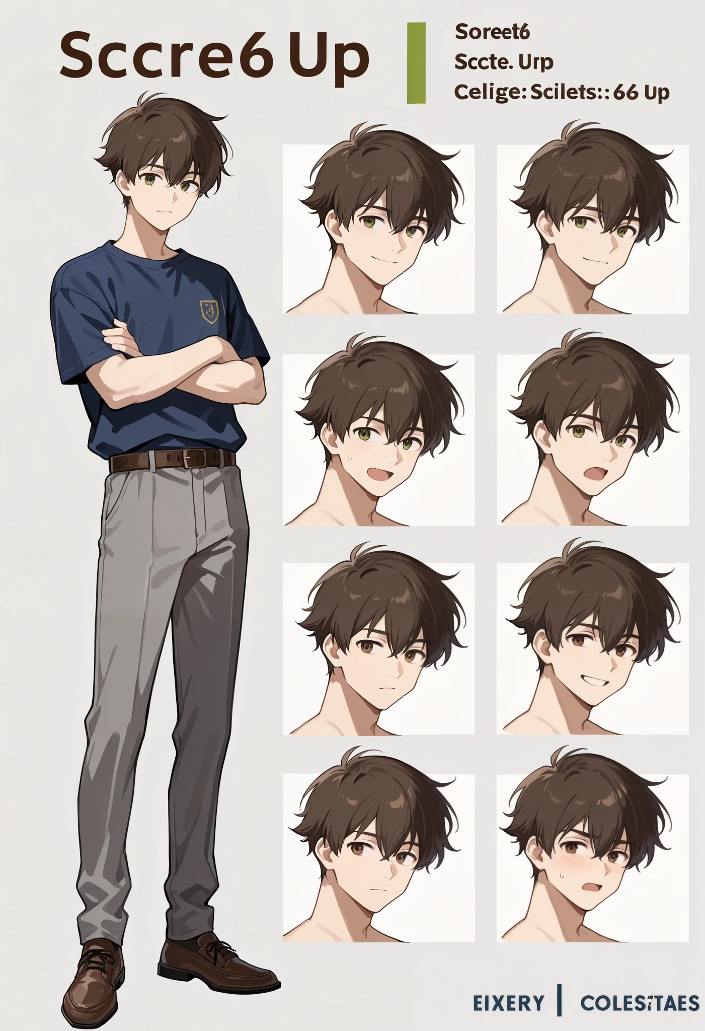 score_9, score_8_up, score_7_up, score_6_up, score_5_up, score_4_up, absurdres, perfect anatomy, standing 1boy, three view drawing, front and side and back, character sheet, A college student, character design, anime character, Various facial expressions, Detailed description of character, text, Collection of setting materials,