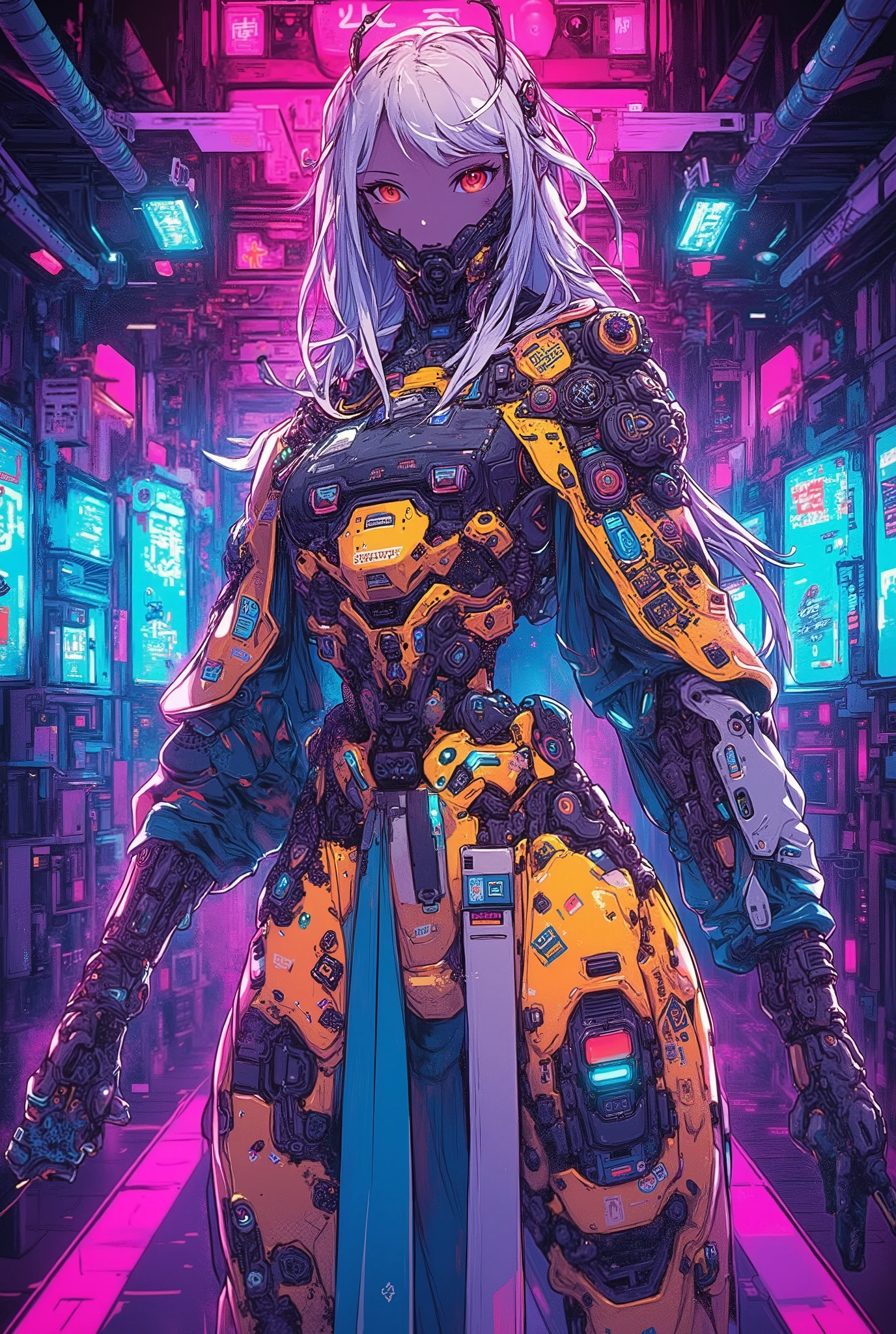 ((colourful anime art style illustration) of (perfect Asian cyberpunk girl))), (((wearing incredibly detailed ornate cyberpunk samurai armour))), ((LED lights)), (shapeless long hair), perfect features, ((((full figure) dynamic pose))), (((starship interior))), (((Jim Burns art style))), abstract beauty, near perfection, pure form, concept art, intricate detail, 8k post-production, High resolution, super Detail, art station Trends, sharp focus, studio photos, intricate detail, Very detailed.