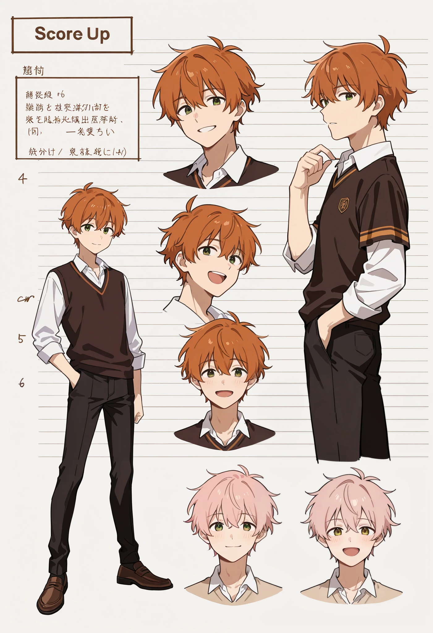 score_9, score_8_up, score_7_up, score_6_up, score_5_up, score_4_up, absurdres, perfect anatomy, standing 1boy, three view drawing, front and side and back, character sheet, A college student, character design, anime character, Various facial expressions, Detailed description of character, text, Collection of setting materials,