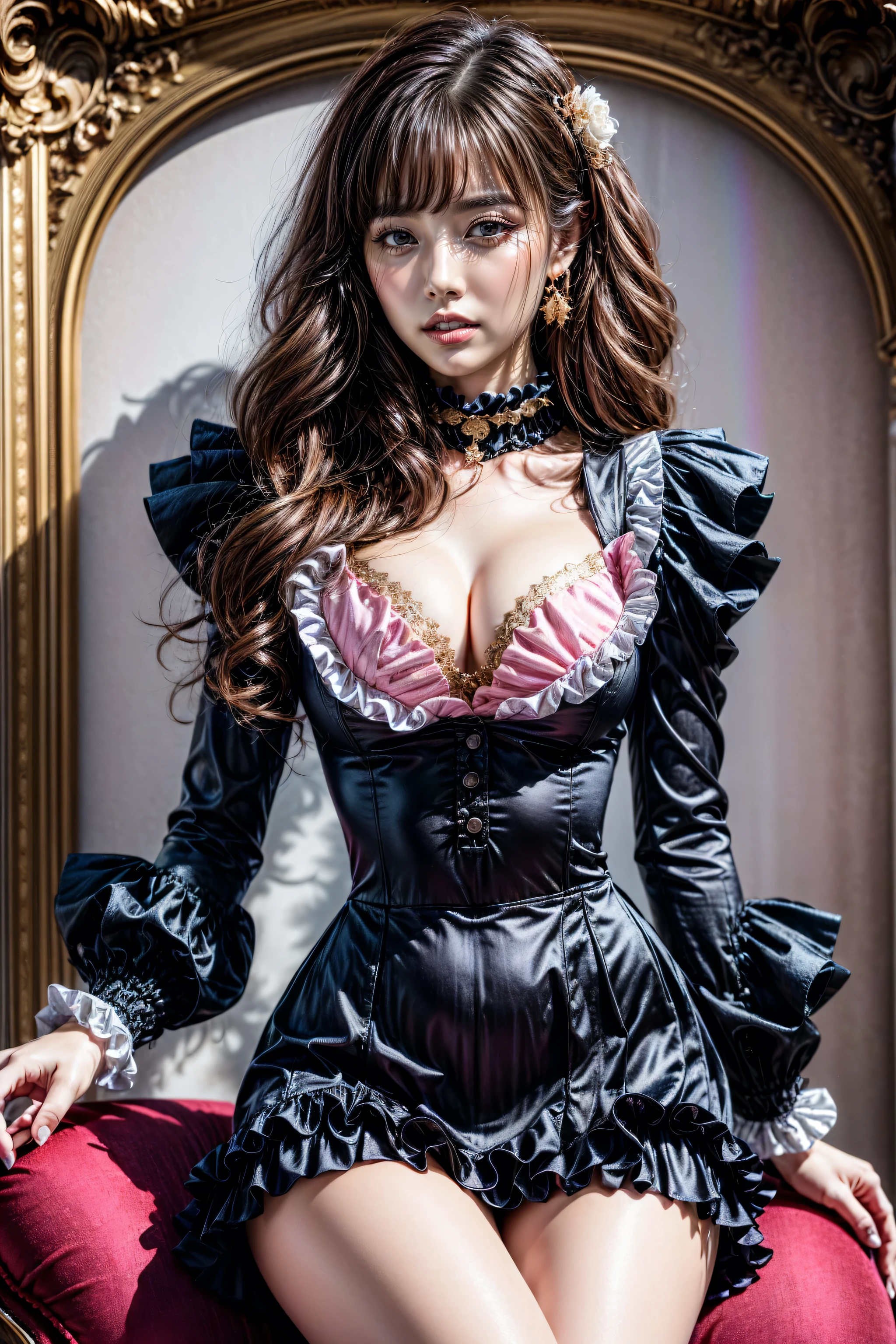 Realistic,(photorealistic Realism),((high resolution)),((intricately detailed digital fantasy art)),(best quality),(realistic texture details: perfect skin, smooth skin, (without folds and dents:1.28)),(professional photography),((full body shot:1.3)),,Marie Antoinette, Sit in an upscale chair, puts his hand on his knee,Please open your mouth slightly,(white,pale,smooth,silky,shiny),long hair, wavy hair,(best highest detailed realistic black_eyes:1.25), ((super realistic sharp-eyes)), (tired and sleepy and satisfied:0.0), perfect round eyes, finely detailed pupils,[dress, outfit in Baroque style]:((Rococo dress with ruffles and long sleeves), intricately detailed:1.3), (palete colors include pink:1.4, and white: 1.22)]], Now her blonde hair reaches down to her waist. Color gradation of pink and three, pale pink. Matching earrings, choker with white flowers. ((She wears a pink top with white stripes with ruffles trimmed with gold buttons, white rosebud sleeves))... (with a purple ribbon flowing from her chest)..., tied at the back of the neck, matching the chest area, Decorated with flowers. her ruffled skirt is separated by a white line, her dress with a large purple ribbon. Decorated with gold. There is a small ribbon on the back. She was wearing a Gold Tiara with floral embellishments .,small round head,((anatomically correct)),slim-muscled body,firm and full breasts:1.3,slim belly,narrow waist,small ass,long legs,(detailed lips:1.3,pink_makeup:1.22, Long_blue_eyeliner :1.28, red_lipstick:1.35,(perfect dark_eyeshadows:1.45), (super detailed professional makeup on eyes:1.3),(rainbow light :1.4),(Inside Victoria Palace)、