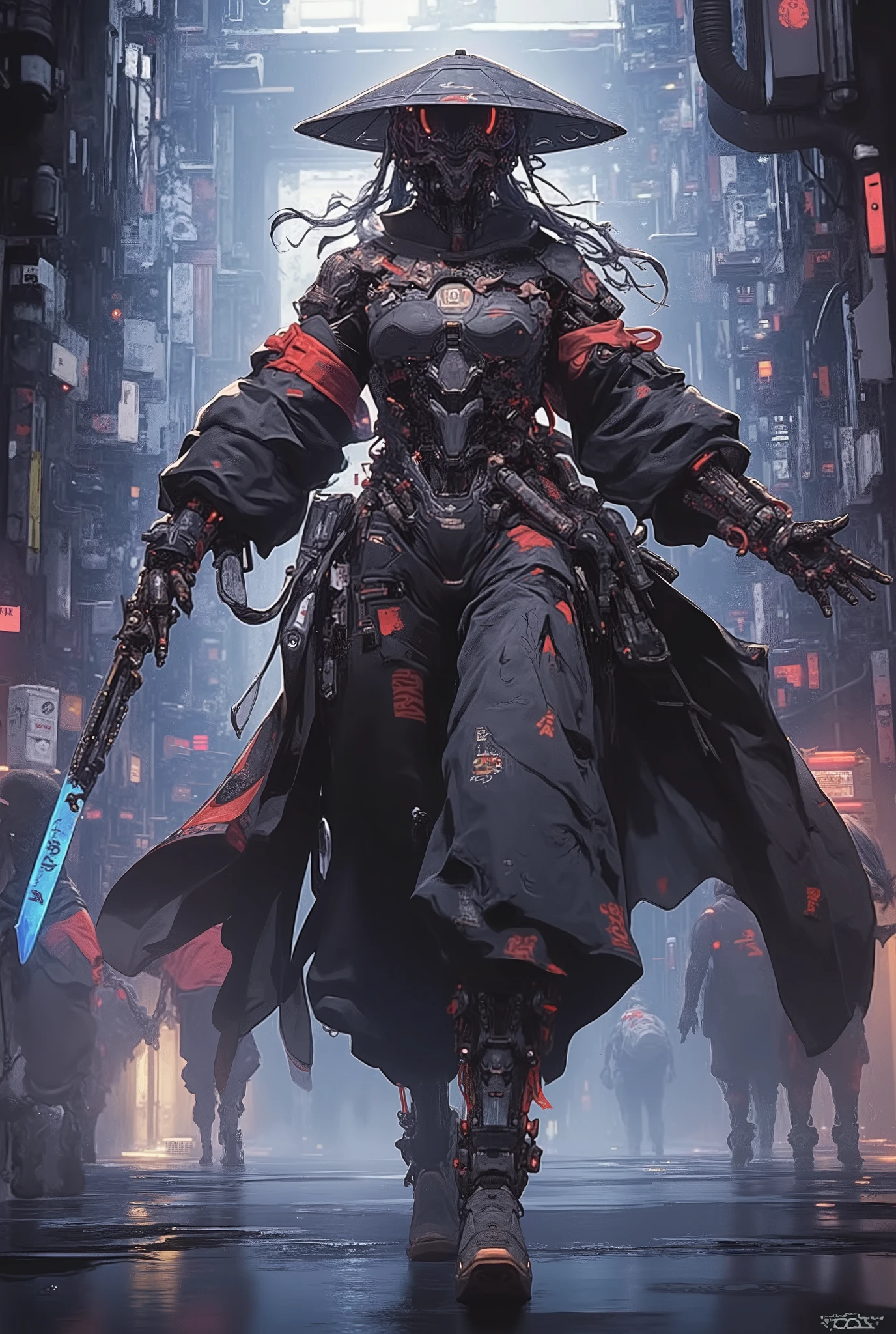 ((anime art style illustration) of (perfect Asian cyberpunk girl))), (((wearing incredibly detailed ornate cyberpunk samurai armour))), ((LED lights)), (shapeless long hair), perfect features, ((((full figure) dynamic pose))), (((starship interior))), abstract beauty, near perfection, pure form, concept art, intricate detail, 8k post-production, High resolution, super Detail, art station Trends, sharp focus, studio photos, intricate detail, Very detailed.