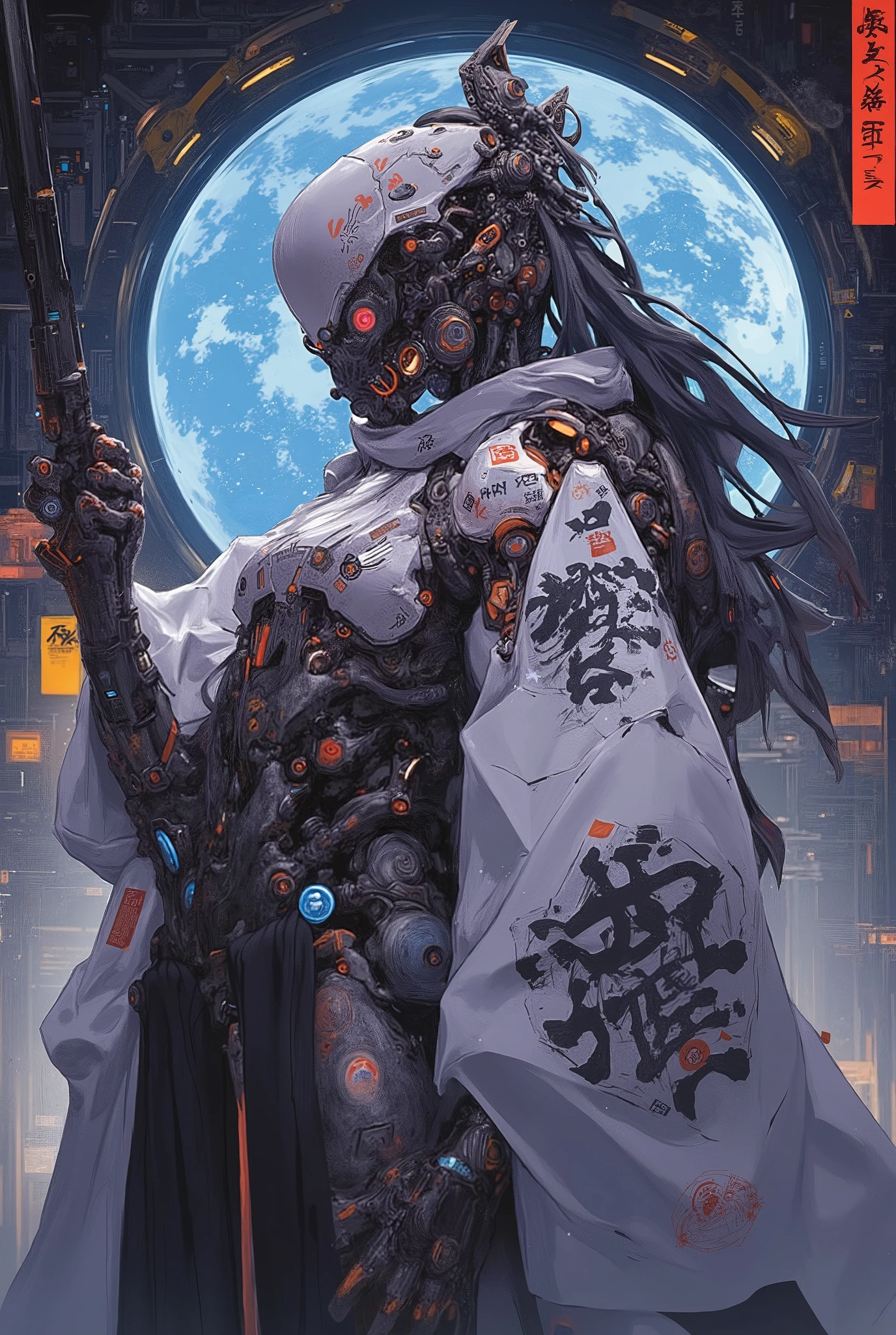 ((anime art style illustration) of (perfect Asian cyberpunk girl))), (((wearing incredibly detailed ornate cyberpunk samurai armour))), ((LED lights)), (shapeless long hair), perfect features, ((((full figure) dynamic pose))), (((starship interior))), abstract beauty, near perfection, pure form, concept art, intricate detail, 8k post-production, High resolution, super Detail, art station Trends, sharp focus, studio photos, intricate detail, Very detailed.