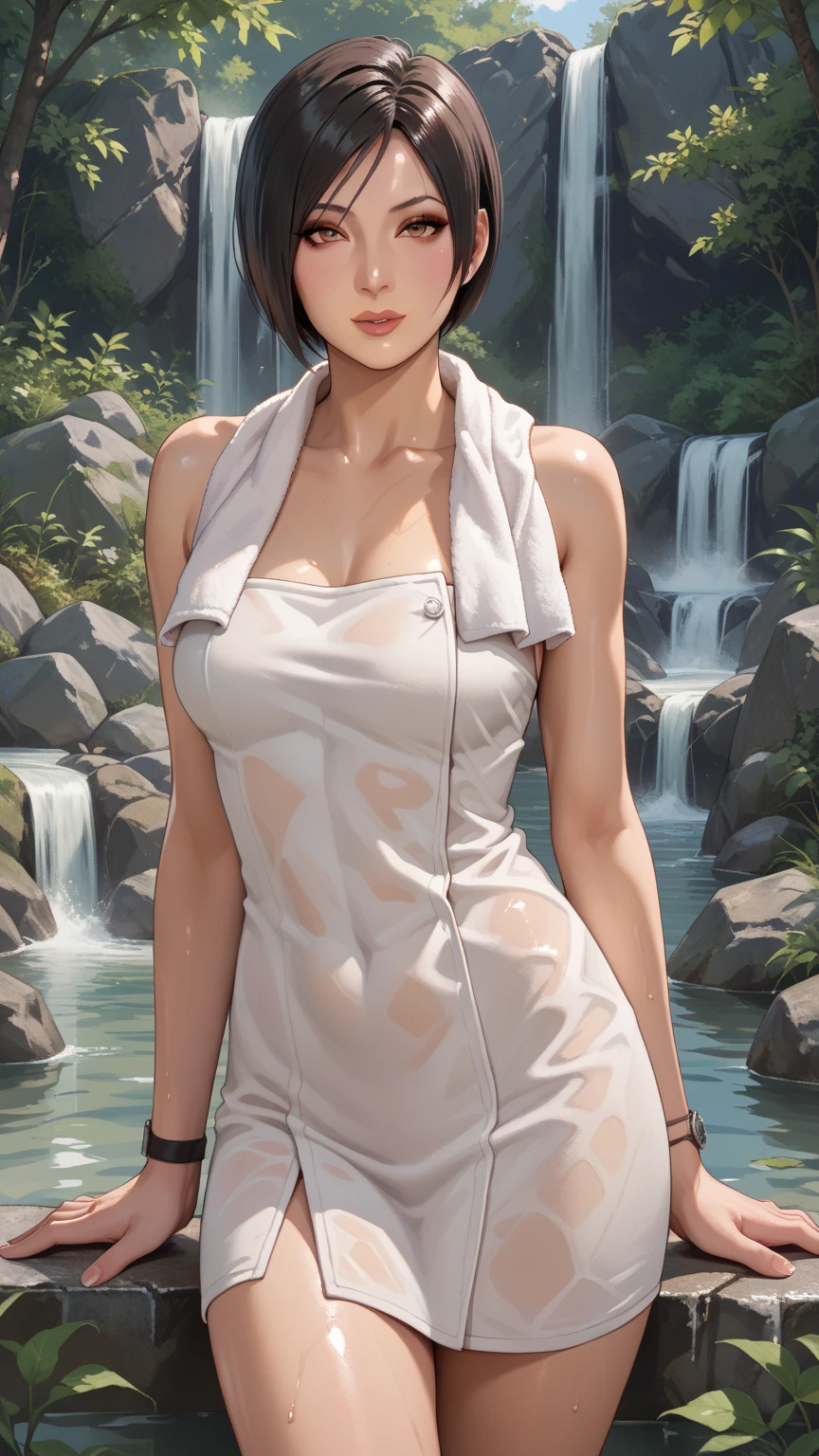 ((realistic face, crafty expression, young look)), (black wet training clothes), (medium breasts), (grey short hair), (20 years), (1 girl), (4k style), (Zen garden background) (raining)