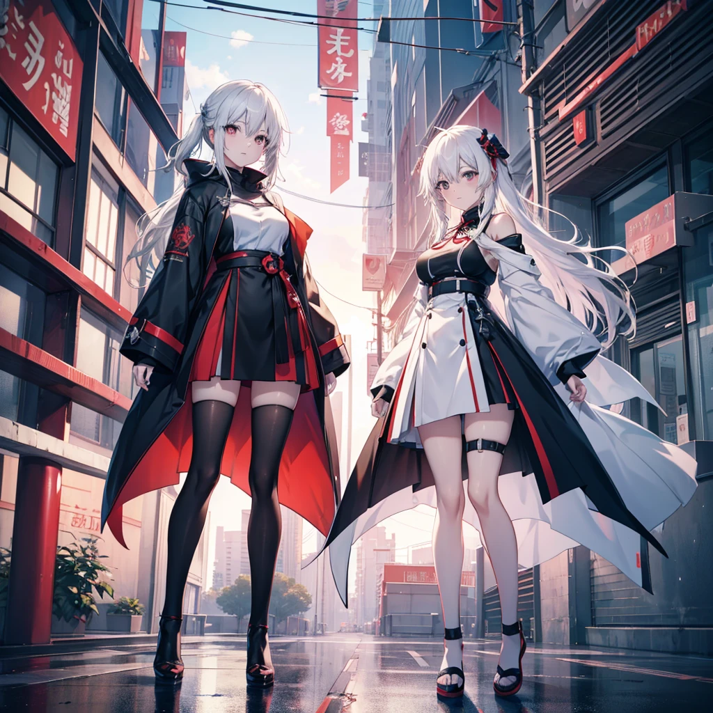 Cyberpunk Samurai anime couple standing back to back, looking badass, anime style ,japanes nature background ,ready to fight, female has black and grey hair ,the male has blond hair