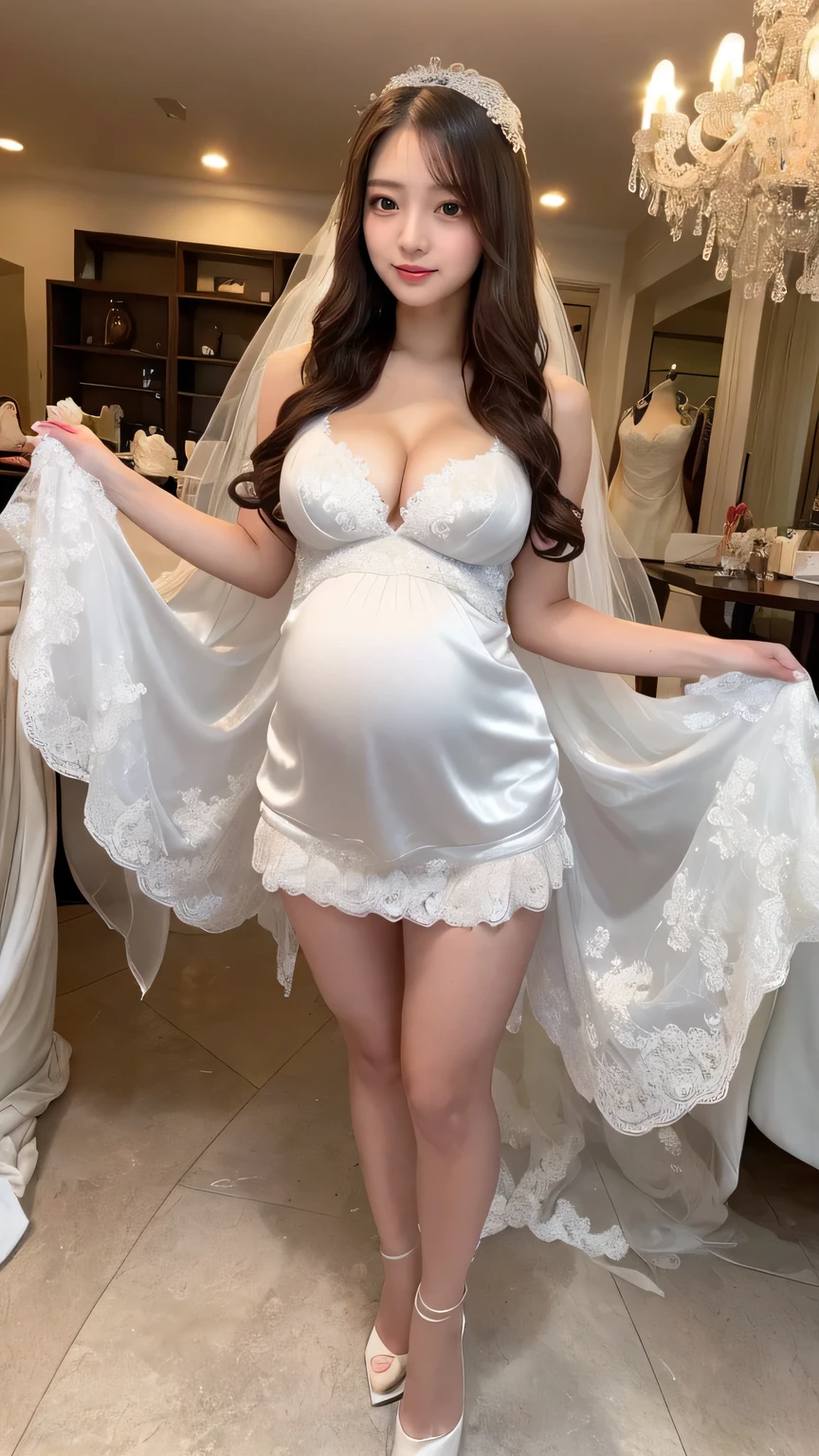 Boa_hancock, huge_breasts , best quality, ruffles_satin_dress , light_pink_satin_dress , big_ass , pregnant , wearing glasses , big pregnant , off the shoulder dress , revealing cleavage , leopard satin dress
