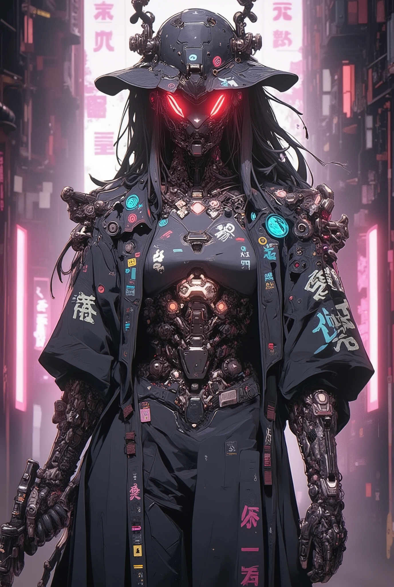 ((anime art style illustration) of (perfect Asian cyberpunk girl))), (((wearing incredibly detailed ornate cyberpunk samurai armour))), ((LED lights)), (shapeless long hair), perfect features, ((((full figure) dynamic pose))), (((starship interior))), abstract beauty, near perfection, pure form, concept art, intricate detail, 8k post-production, High resolution, super Detail, art station Trends, sharp focus, studio photos, intricate detail, Very detailed.
