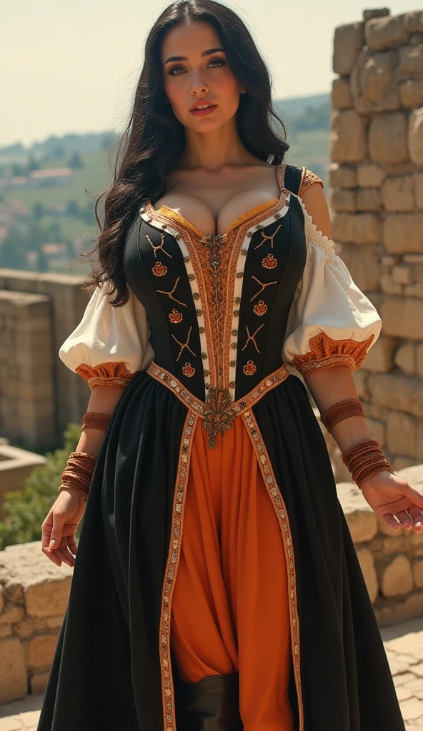 Setting and background: Each image features a young woman in a vintage medieval dress, rich in historical details, with colors that recall the official flag of the contrada. In the background, a landscape or a symbolic setting that represents the identity of the contrada: ancient streets, characteristic squares, or emblematic natural elements.

Key visual elements: Soft lighting, with warm and slightly desaturated tones to create a vintage effect. The woman is portrayed in an elegant pose, with intricate details in the fabric of the dress, such as embroidery and crests of the contrada.
Aesthetic mood and tone: The mood should evoke a sense of nobility and tradition, with an aesthetic tone that recalls medieval paintings and the charm of the Italian Renaissance. Dominant color palette for each image based on the official colors of the contrada, with delicate shadows that add depth
Details for each contrada:
She-wolf: background with ancient ruins. Black haired woman with a mysterious appearance, very curvy body and with large natural breasts clearly visible, She wears a medieval burlesque dress, with a tight bodice and flared sleeves, legs on display with high boots. The official colors of the dress are: Black and white with orange stripes.