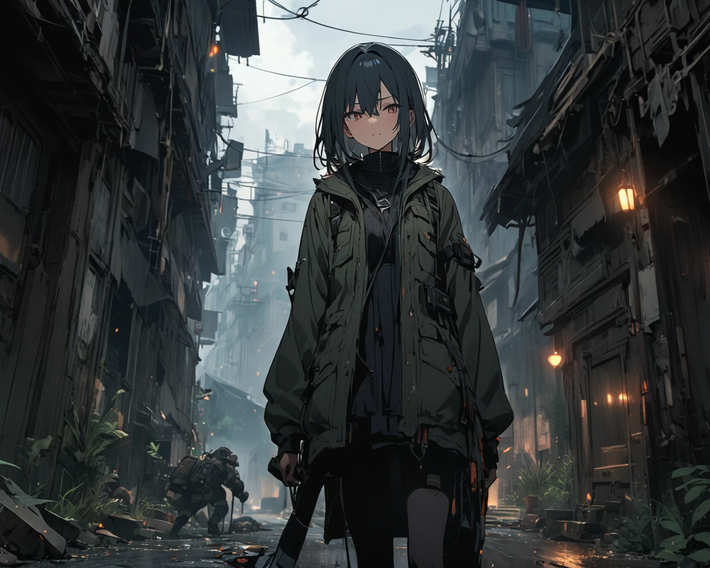 girl,crying in the rain,post-apocalyptic,sad expression,abandoned city,decaying buildings,dystopian atmosphere,dark and gloomy,desperate situation,dead trees,overgrown vegetation,stark contrast,blood-stained walls,tattered clothes,emotional intensity,desolation,loneliness,ruined world,moody lighting,ominous skies,dramatic composition,highly detailed textures,raindrops reflecting on her face,windswept hair,gritty and dark,run-down vehicles,remnants of civilization,ashes and debris,tension and despair,haunting beauty,depth and realism,impressive level of detail,dynamic range of colors,saturated and desaturated tones,epic and cinematic,hauntingly beautiful,portraits,concept artists,photorealistic:1.2.
