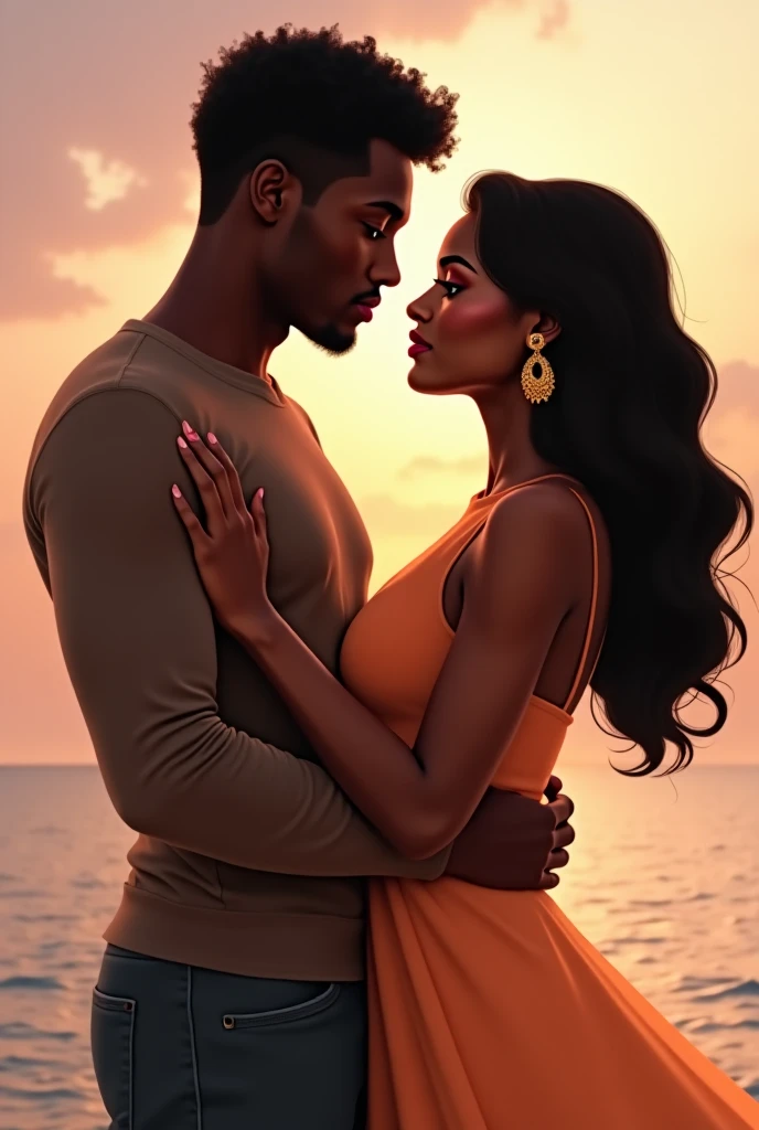 . 1 man and 1 woman, ((( boyfriend light skin color))) ((( male black hair ))) ( male straight hair) ((female light brown skin color))) (((female black curly hair))) (((woman latino nationality))) ((man American nationality)) ( handsome couple hugging each other ) (sun Horizon effect) (romantic couple) (the man has the age of 25) (the woman has the age of 18)